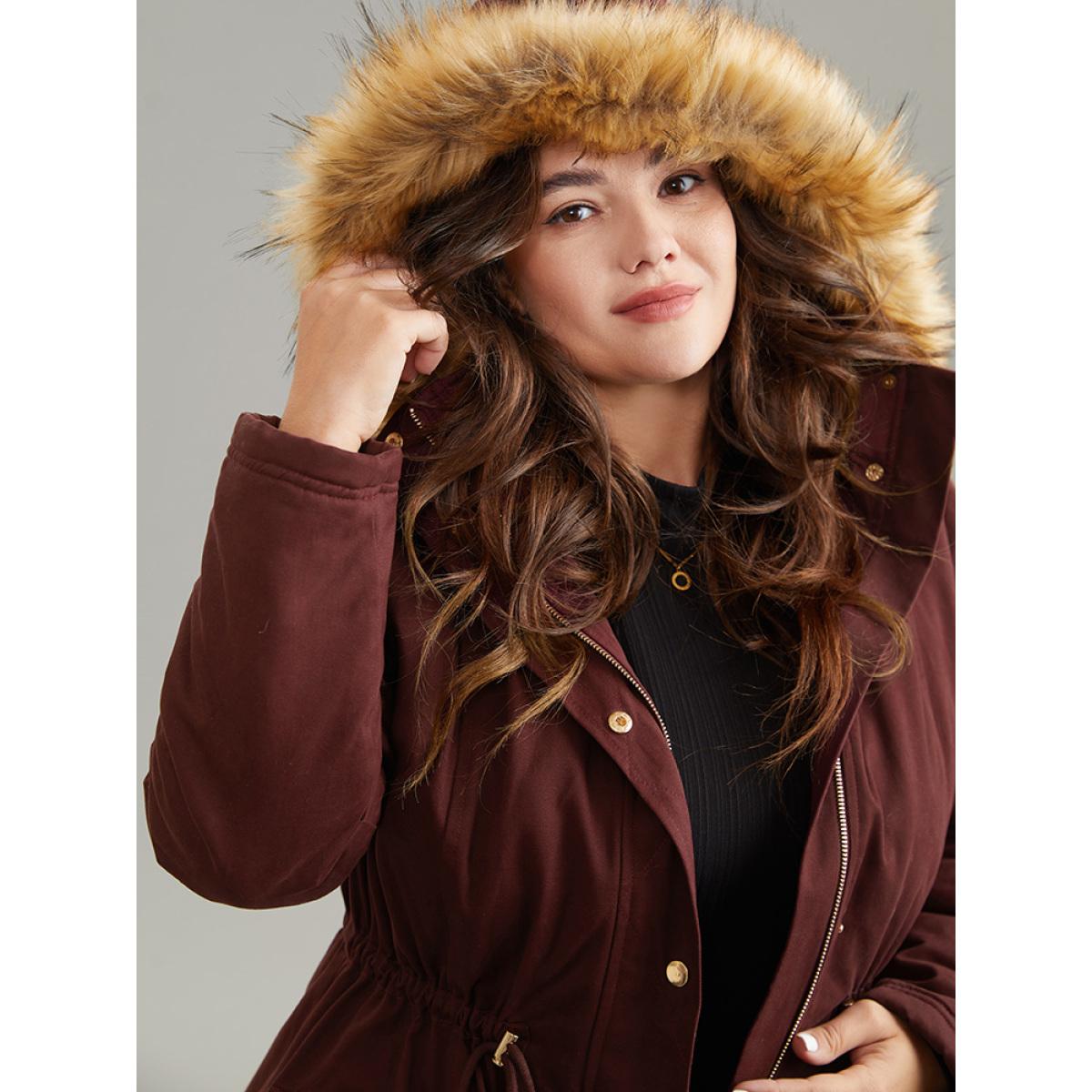 Plus Size Contrast Hooded Fuzzy Trim Drawstring Padded Coat Women Maroon Casual Lined Ladies Dailywear Winter Coats BloomChic 14-16/1X Product Image