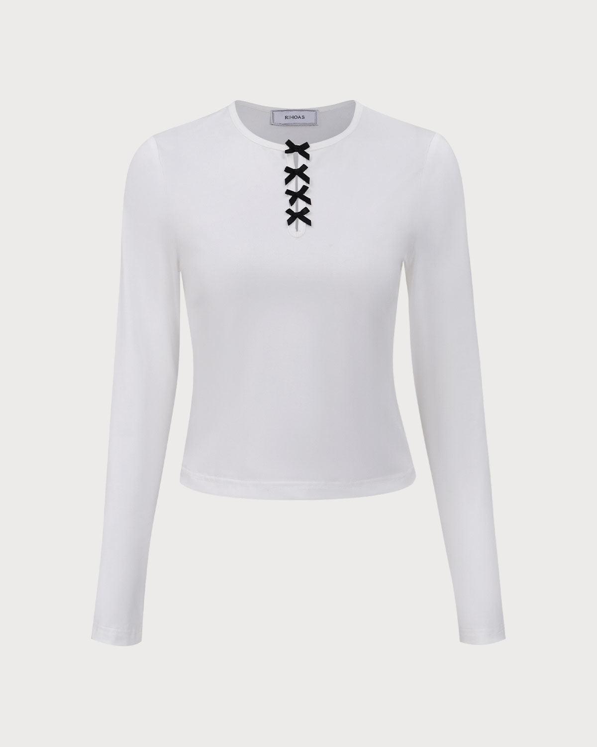 White Contrasting Bowknot Slim Tee Product Image