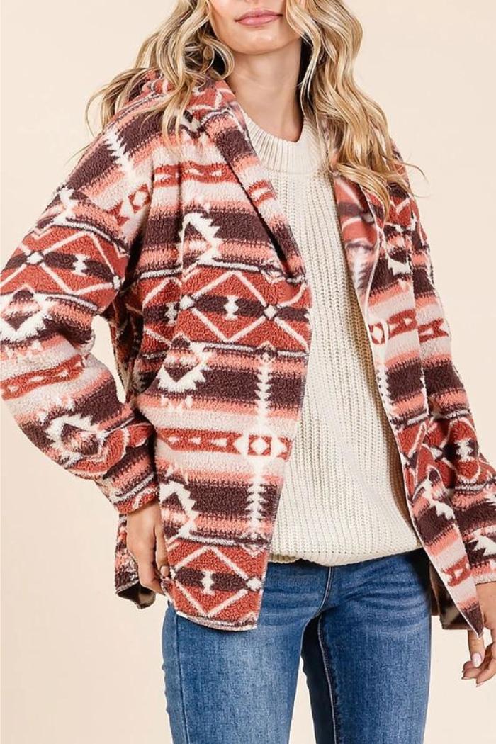 Aztec Tribal Print Hooded Oversize Fleece Jacket Product Image