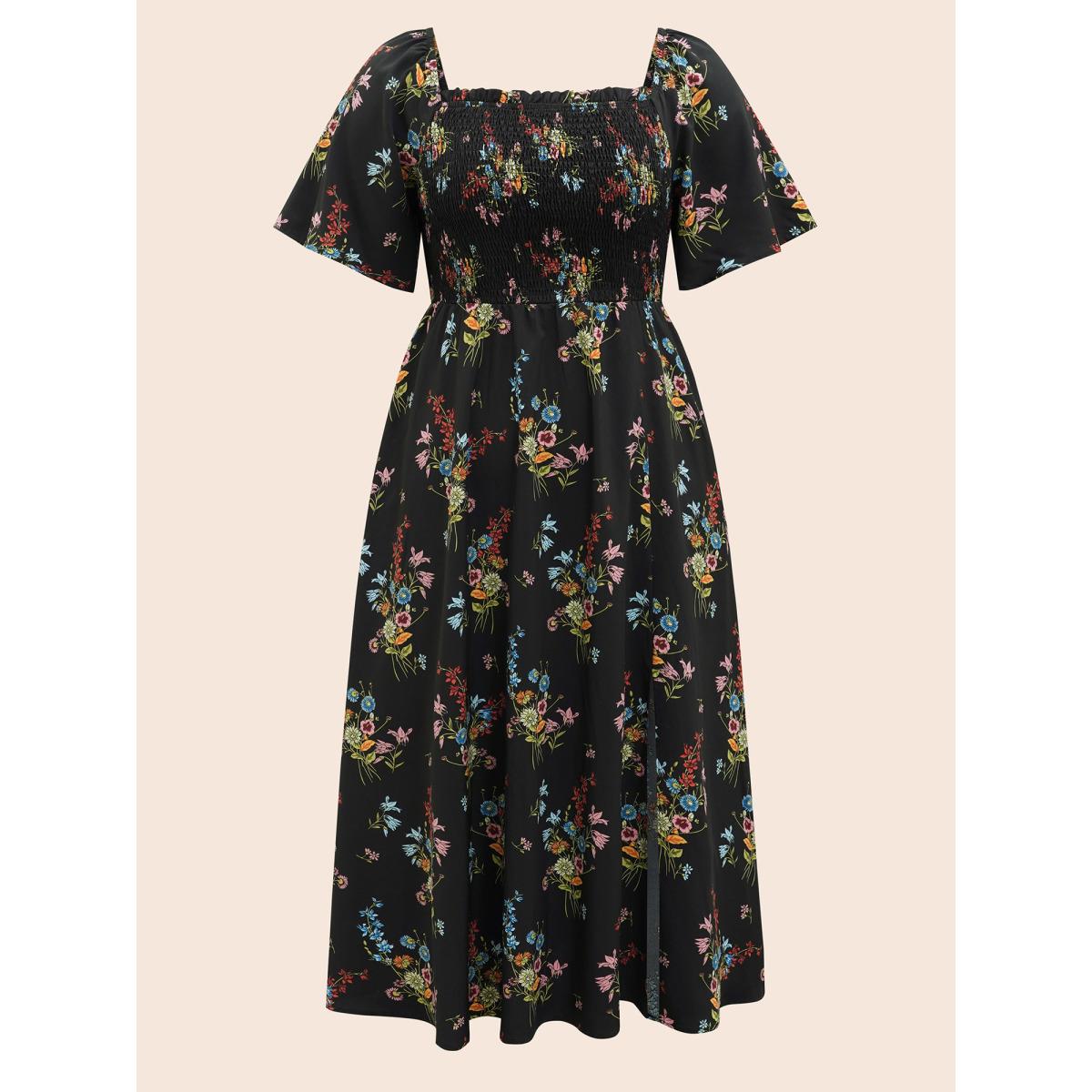 Plus Size Ditsy Floral Shirred Split Hem Dress Black Women Elegant Frill Trim Square Neck Short sleeve Curvy BloomChic 12/L Product Image