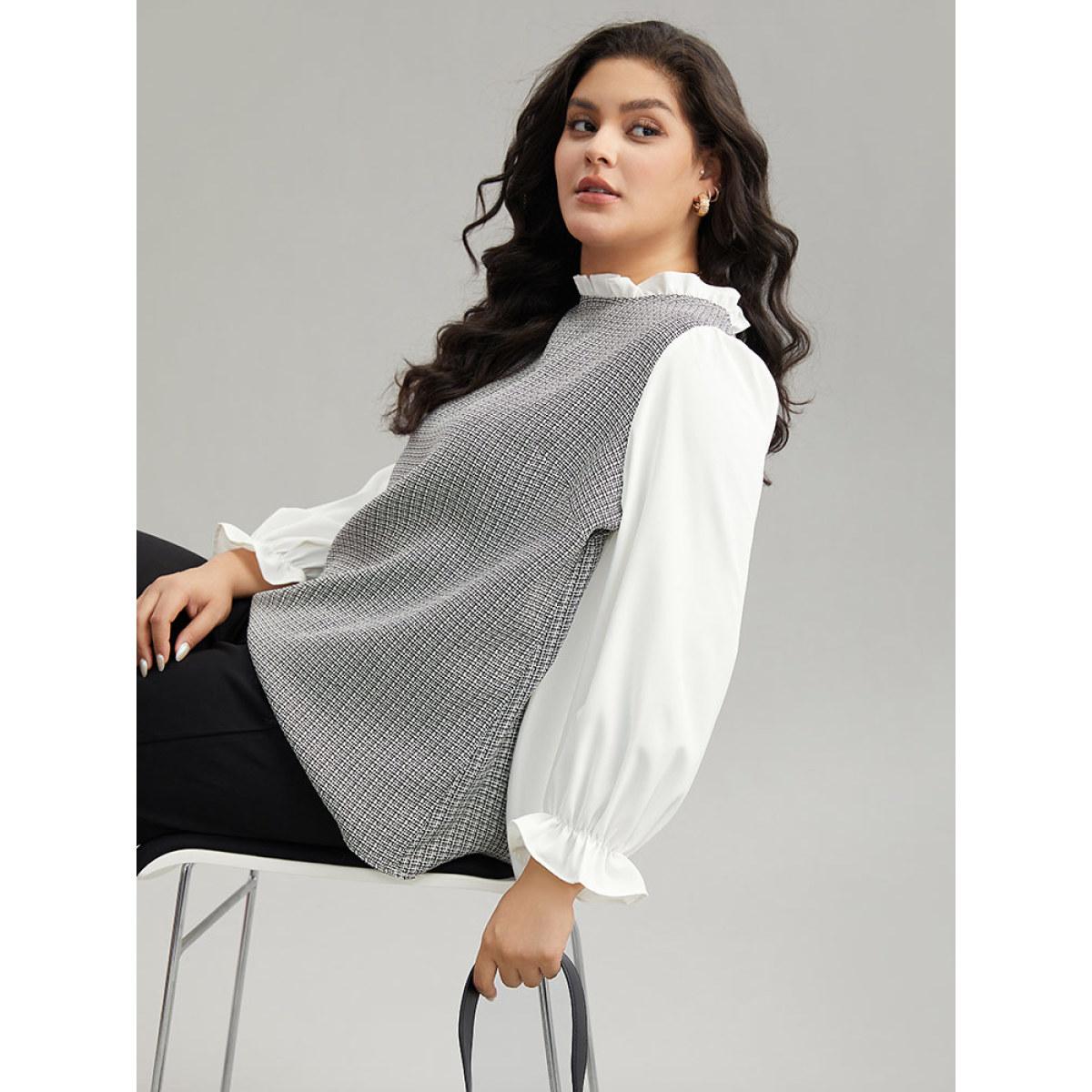 Plus Size White Gingham Ruffles Patchwork Frill Trim Blouse Women Office Long Sleeve Stand-up collar Office Blouses BloomChic 12/L Product Image