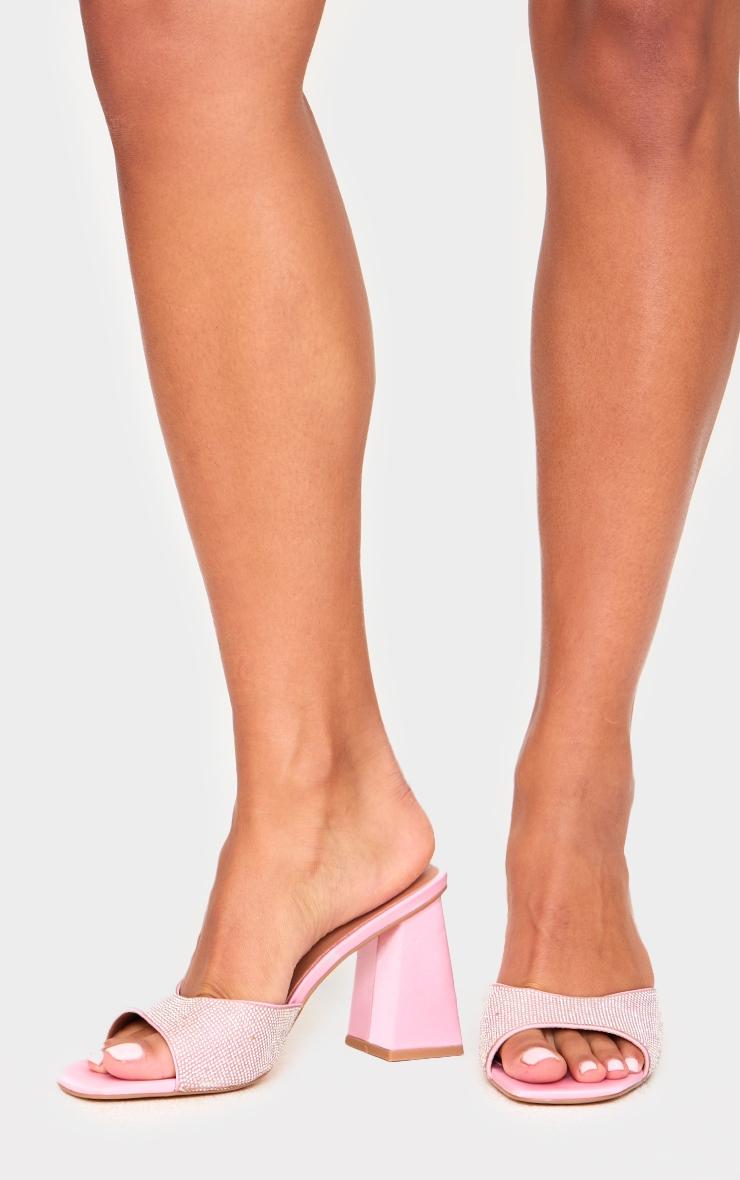 Pink PU Diamante Block Heeled Mules Product Image