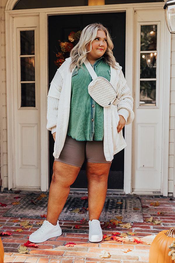 Campfire Stories Waffle Knit Button Up in Green Curves Product Image