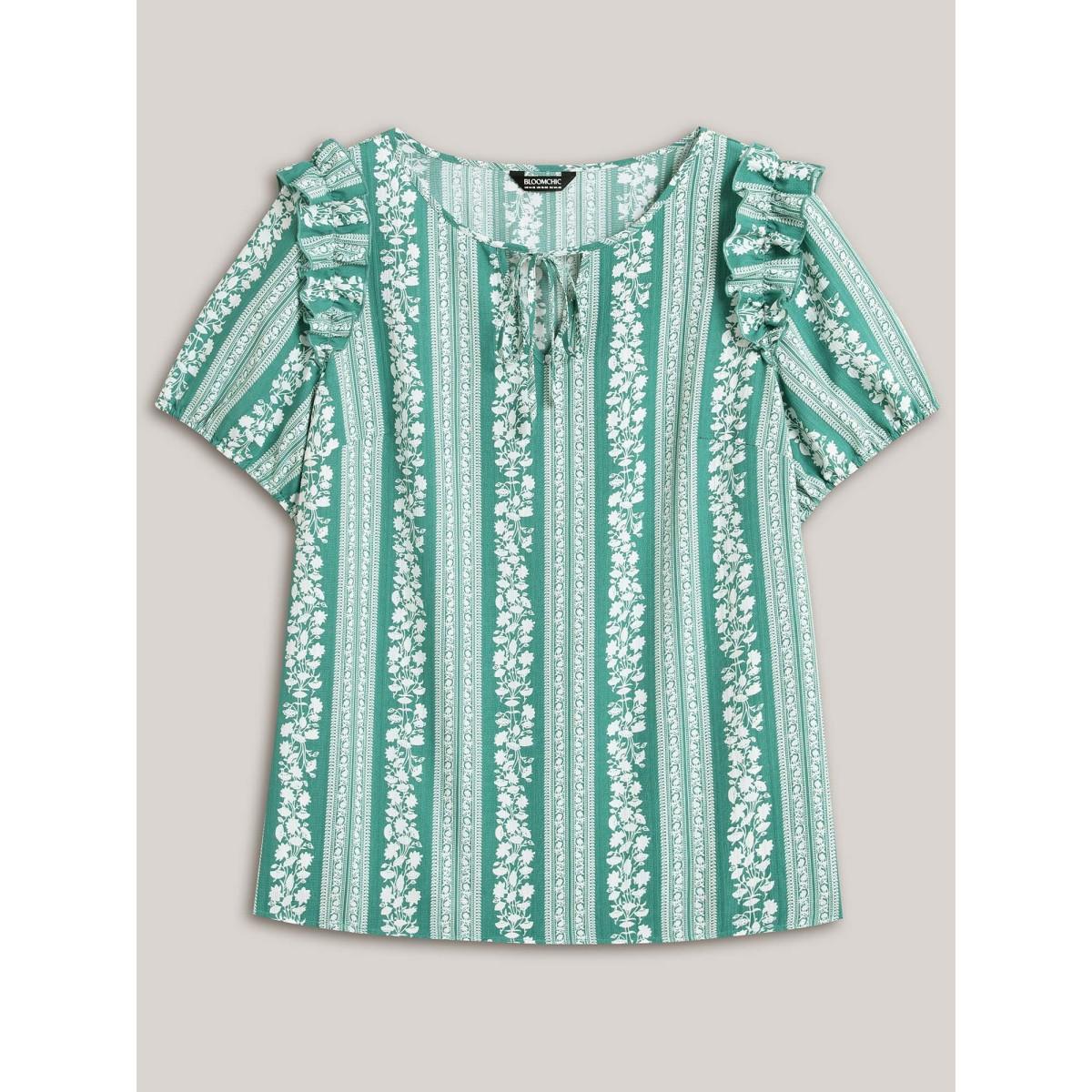 Plus Size Teal Floral Print Ruffled Detail Sleeve Blouse Women Short sleeve Flat collar with V-notch Everyday-Elegant Blouses BloomChic 26/4X Product Image