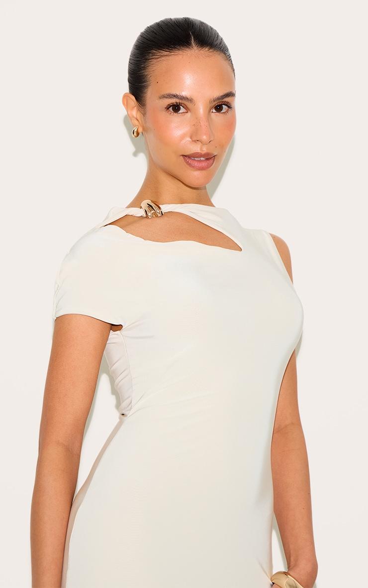 Petite Sand Asymmetric Shoulder Gold Detail Maxi Dress Product Image