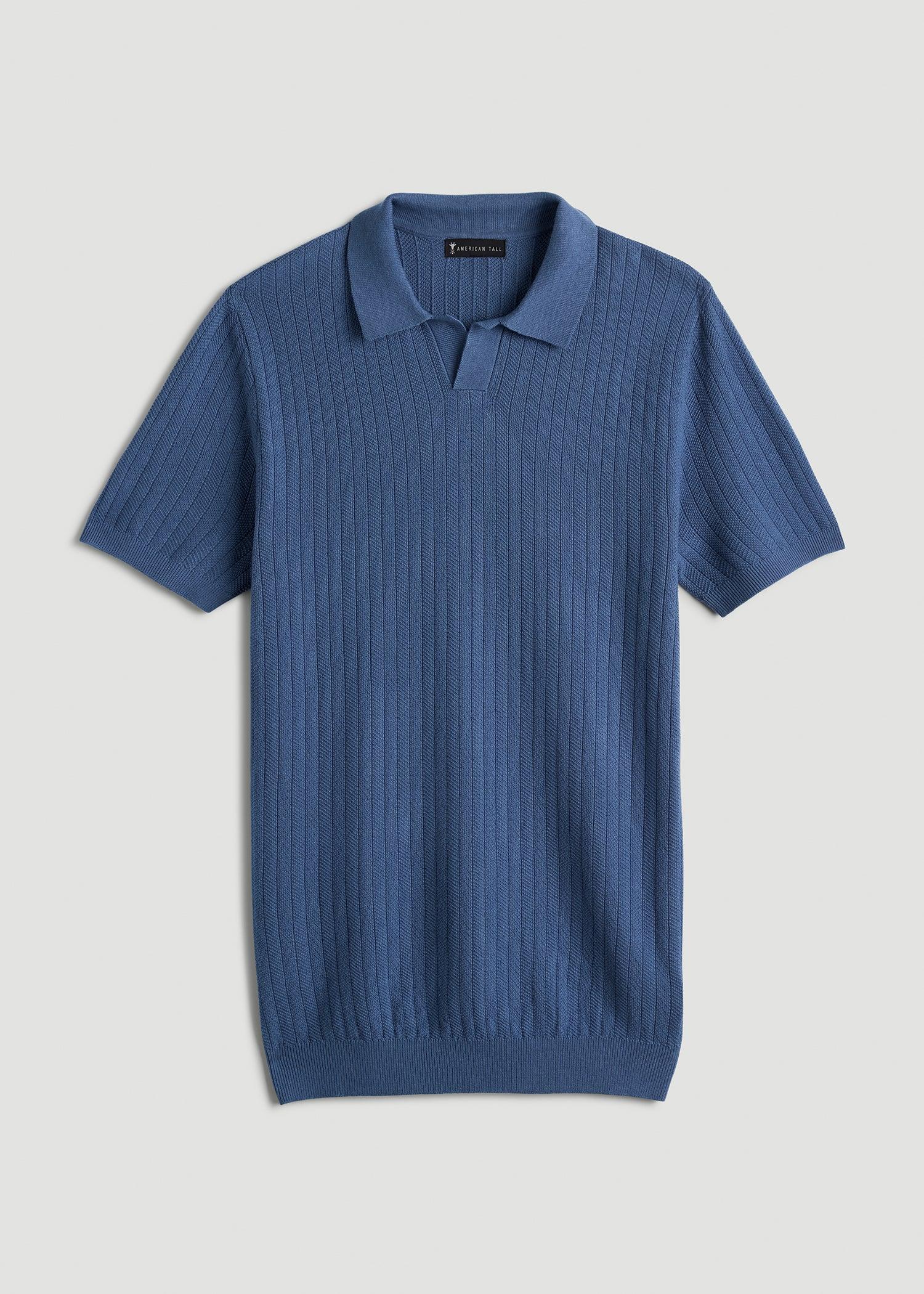 Linen Blend Ribbed Knit Polo Shirt for Tall Men in Steel Blue Male Product Image