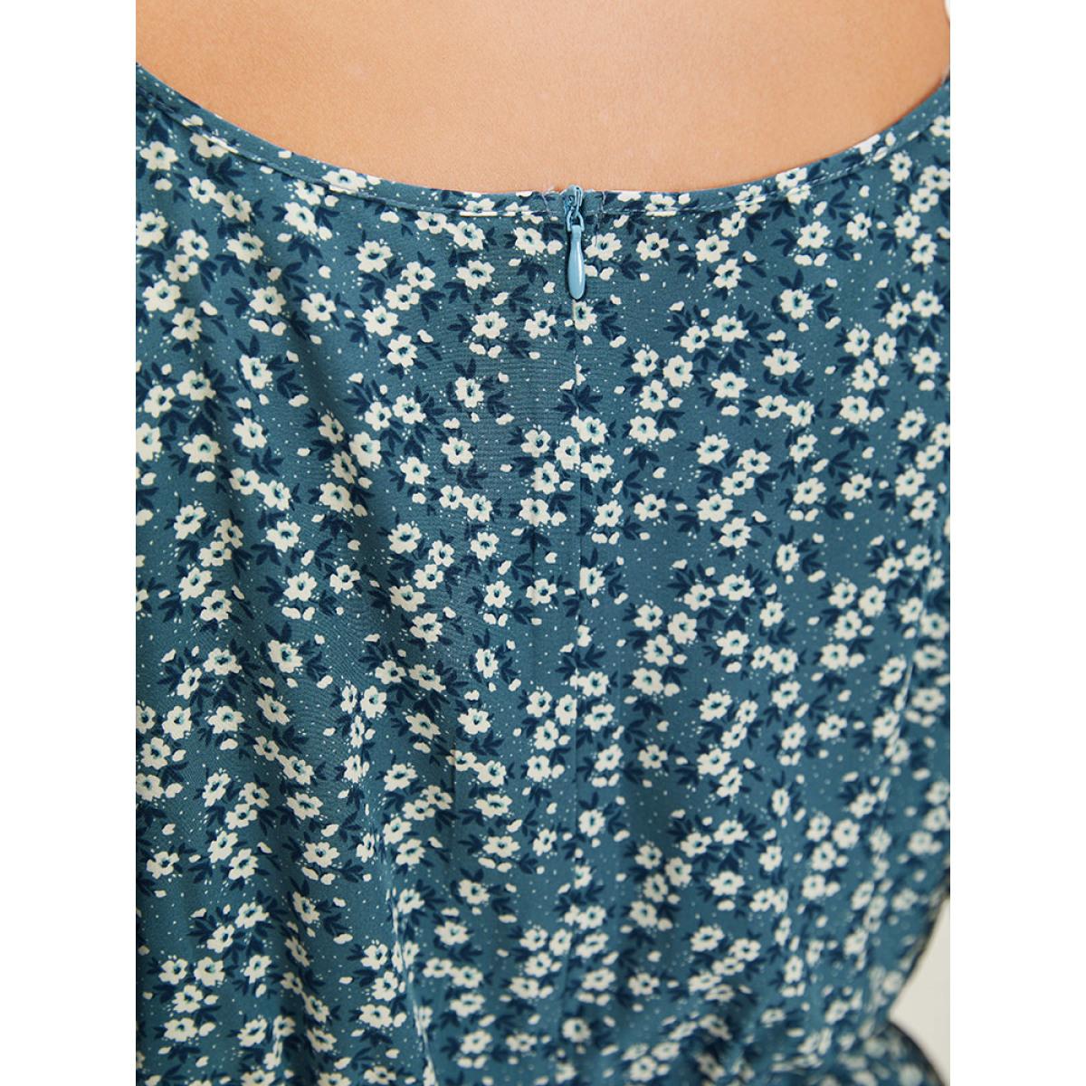 Plus Size Stone Ditsy Floral Pocket Zipper Ruffle Cold Shoulder Romper Women Casual Short sleeve Spaghetti Strap Dailywear Loose Jumpsuits BloomChic 22-24/3X Product Image