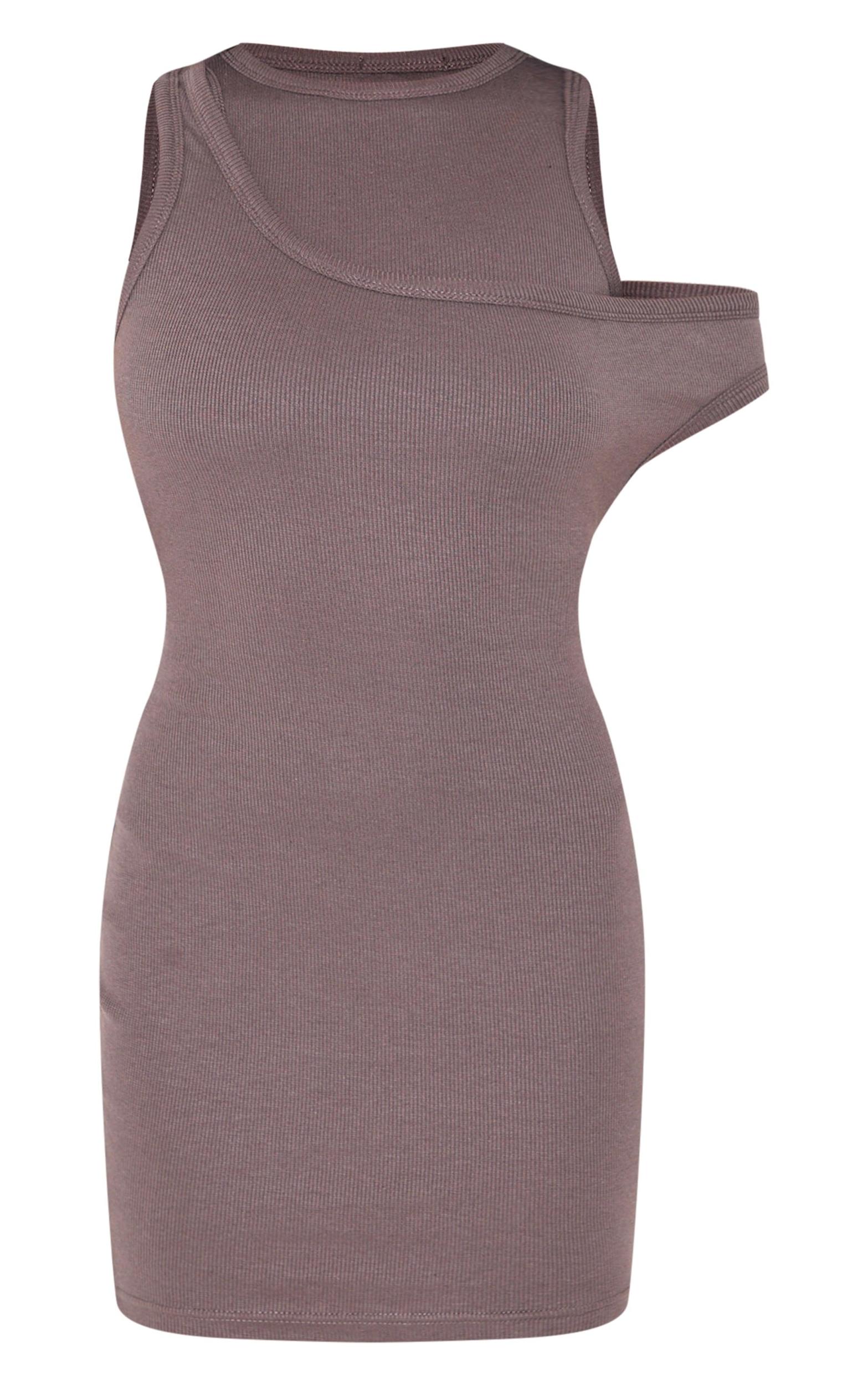 Dark Grey Asymmetric Ribbed Bodycon Dress Product Image