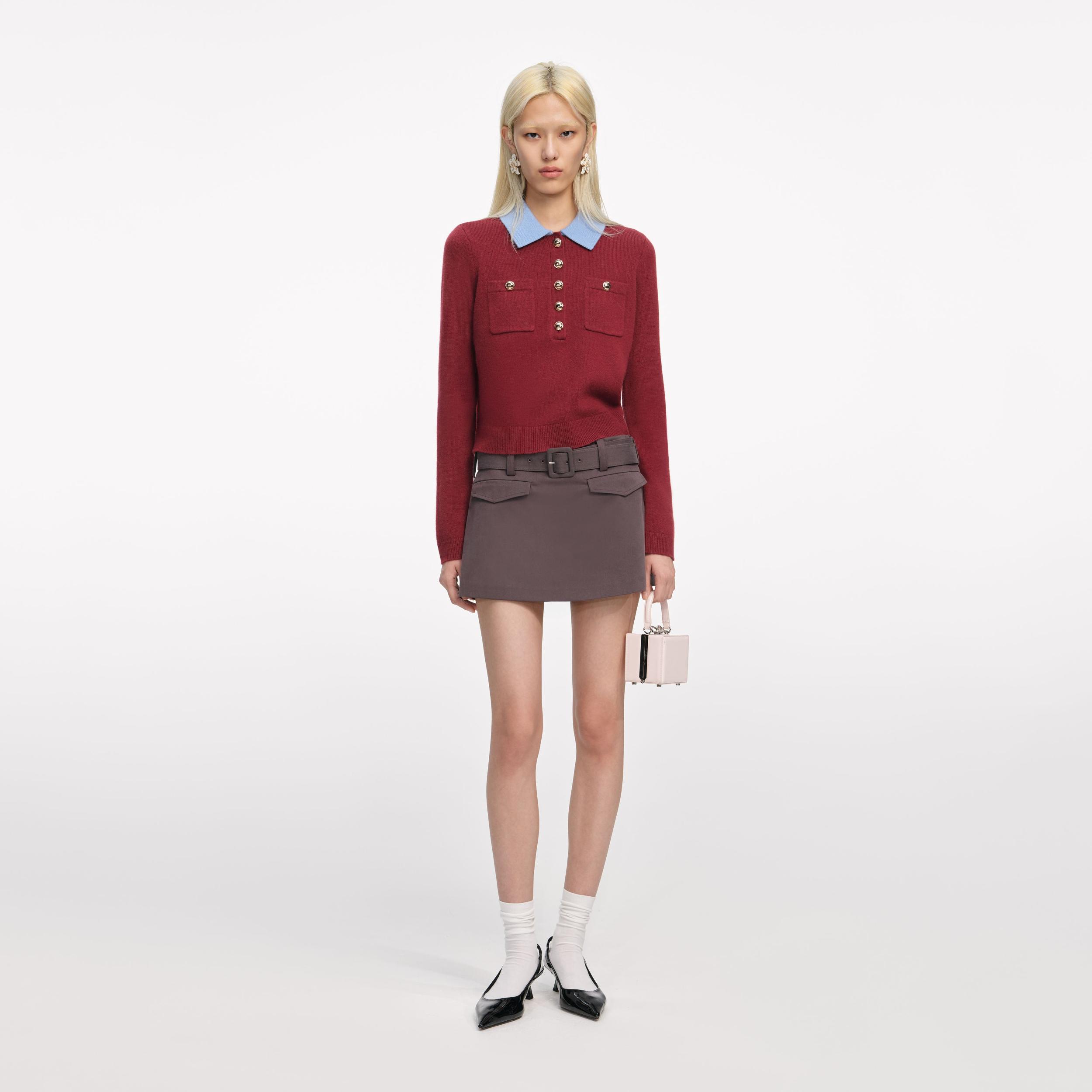 Burgundy Contrast Collar Knit Top Product Image