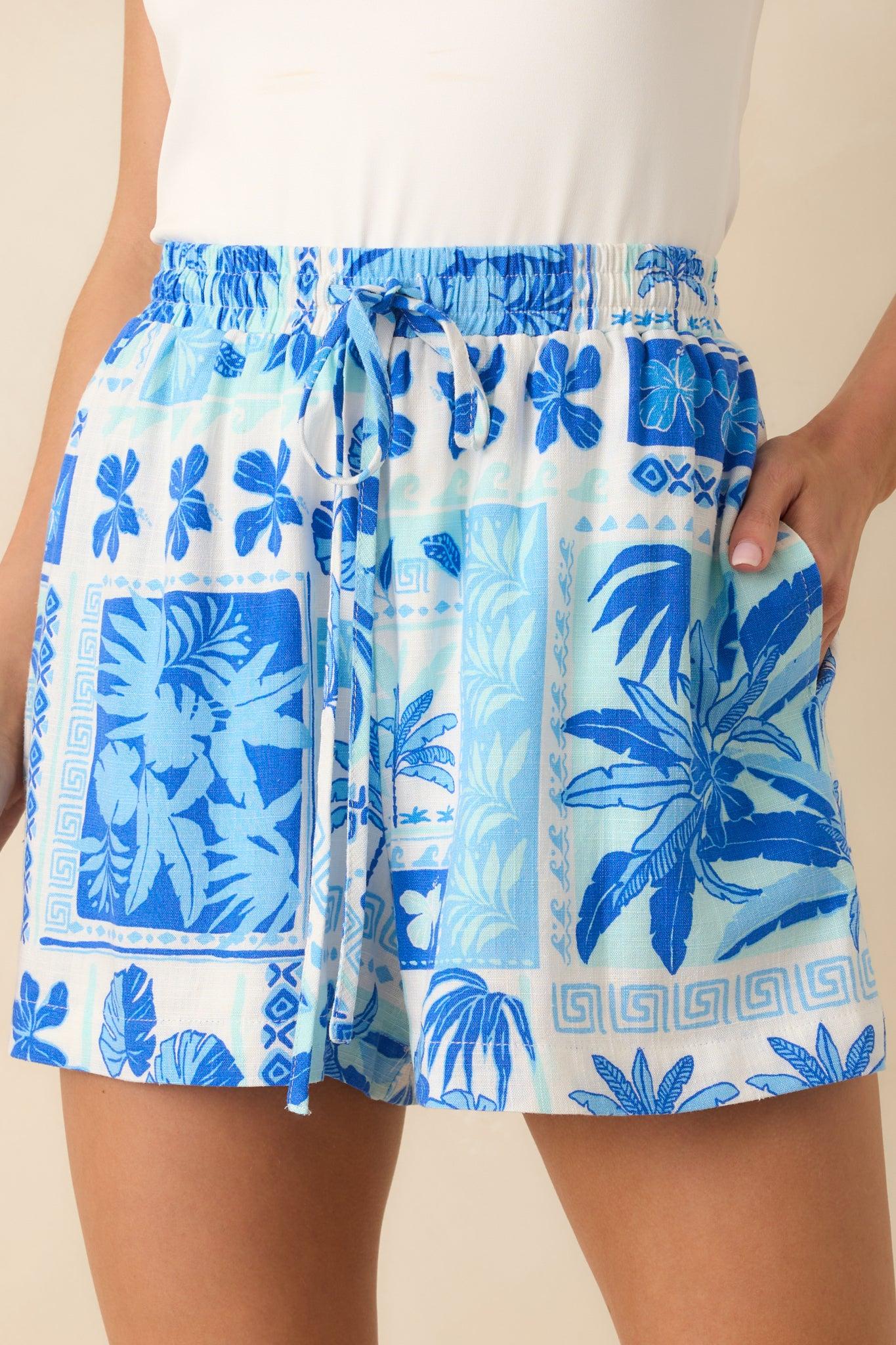 Looks About Right Blue Tropical Patchwork Print Drawstring Shorts Product Image