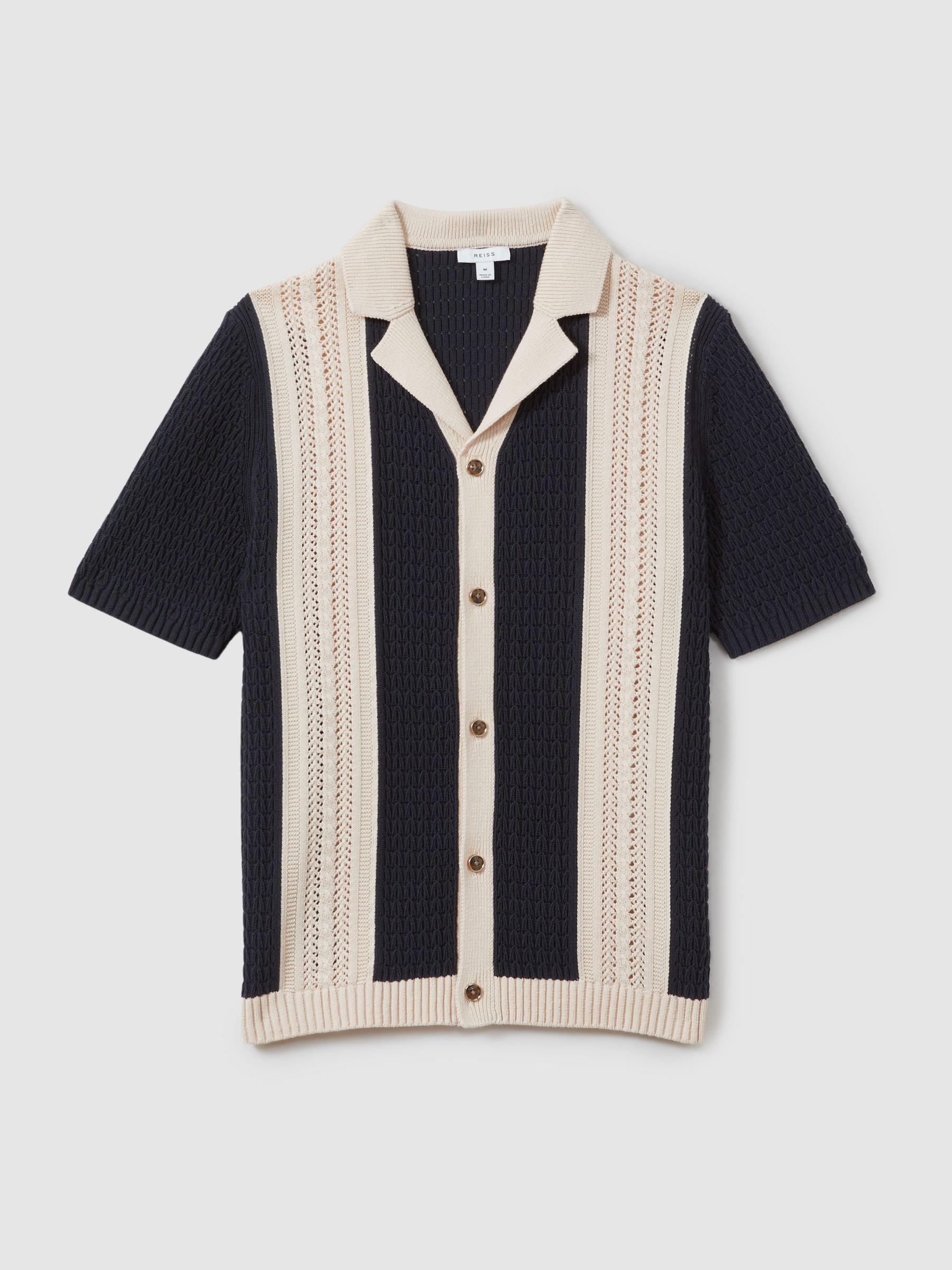 Crochet Striped Cuban Collar 100% Cotton Shirt in Navy/Stone Product Image