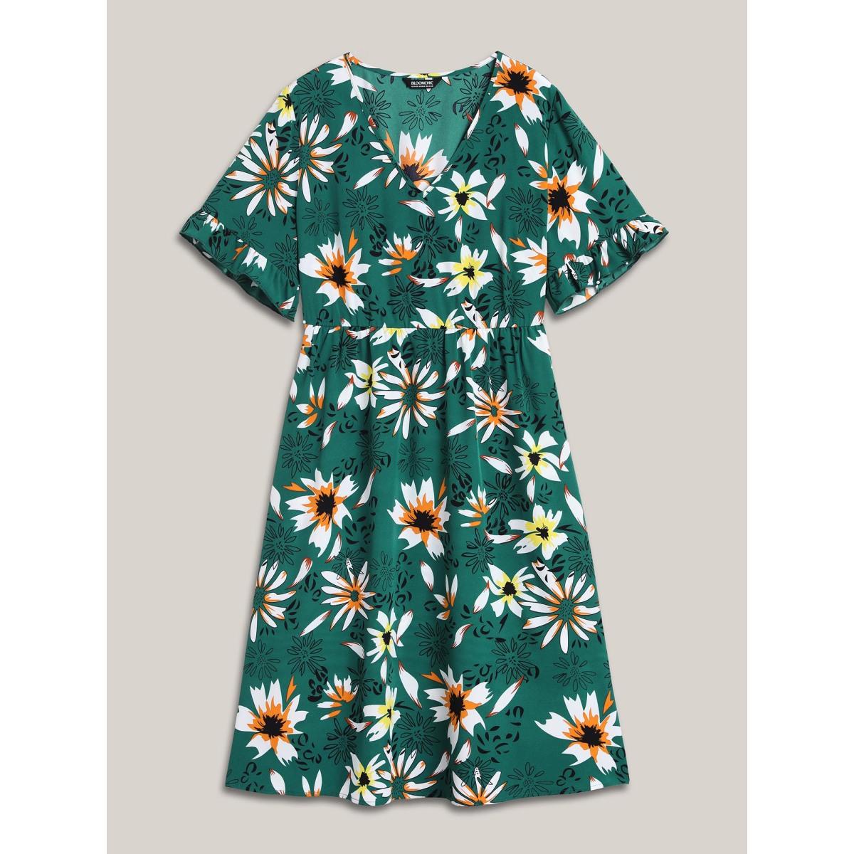Plus Size Spring Floral Print Pockets Ruffled Midi Dress Emerald Women Resort Ruffles V-neck Short sleeve Curvy BloomChic 26/4X Product Image