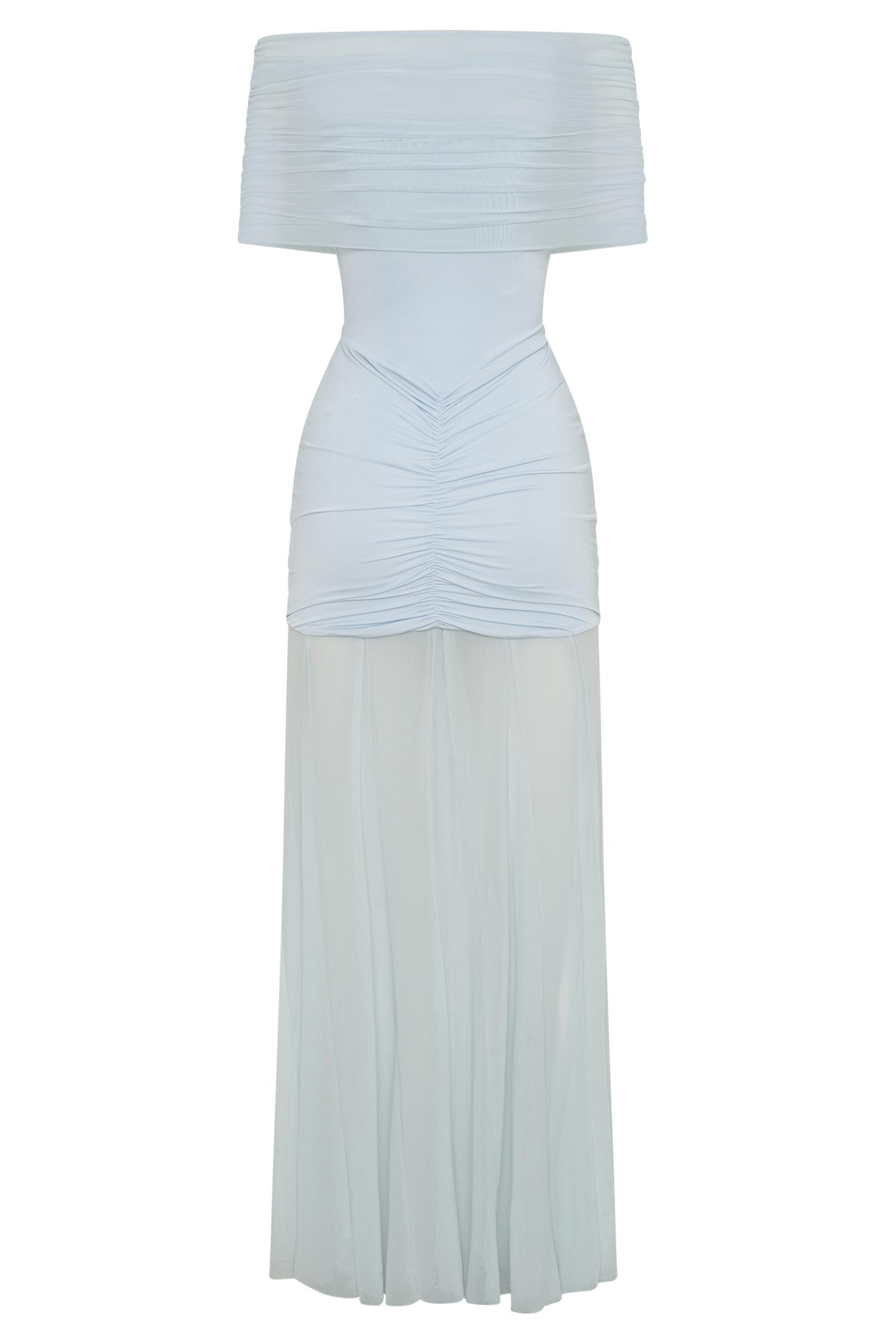 Caspian Slinky And Mesh Off Shoulder Maxi Dress - Pale Blue Product Image