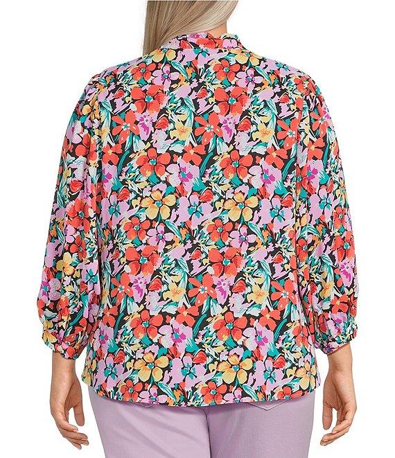 Calessa Plus Size Floral Split V-Neck 3/4 Sleeve Button Front Tunic Product Image