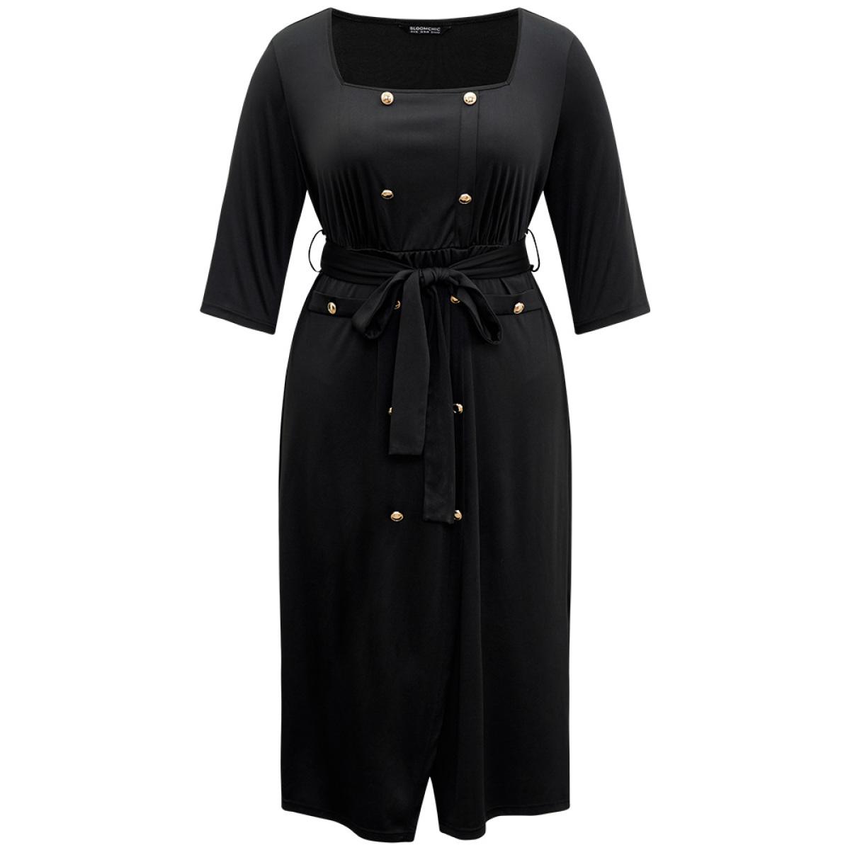 Plus Size Square Neck Metal Detail Belted Gathered Dress Black Women Office Plain Square Neck Elbow-length sleeve Curvy Midi Dress BloomChic 10/M Product Image