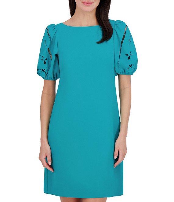 Vince Camuto Stretch Crepe Boat Neck Short Sleeve Laser-Cut Shift Dress Product Image