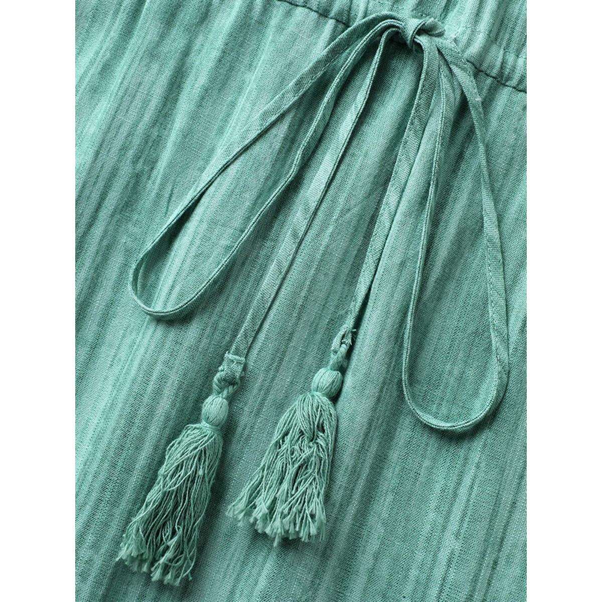 Plus Size Linen Rayon Blend Tassels Textured Maxi Dress Teal Women Notched collar Cap Sleeve Curvy BloomChic 12/L Product Image