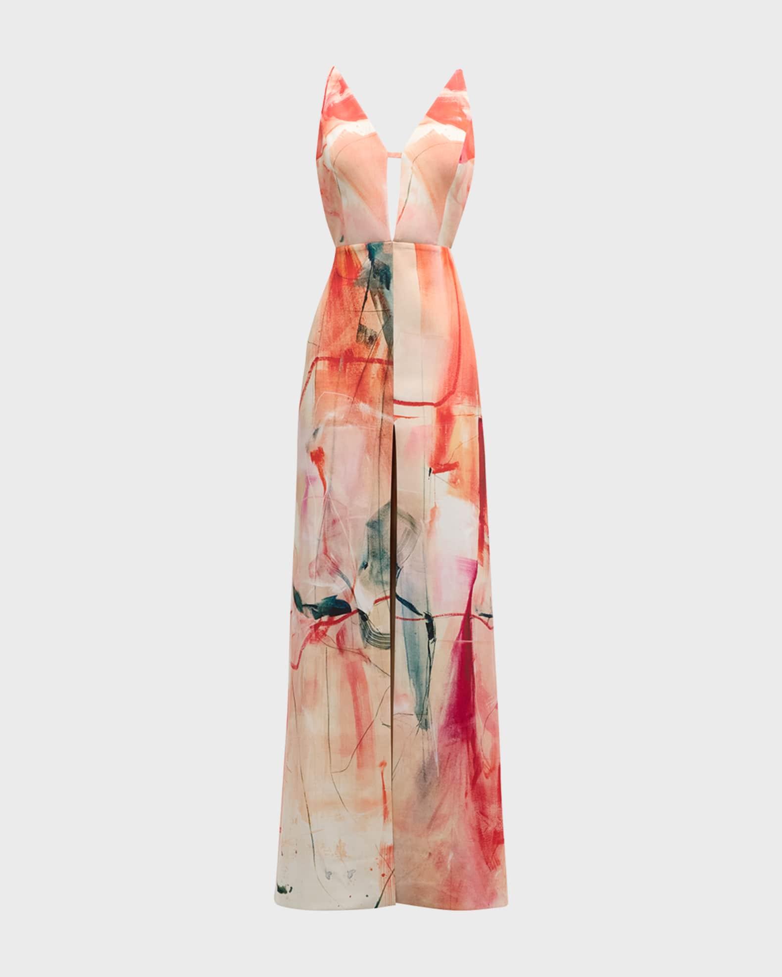 Plunging Abstract-Print Backless Silk Crepe Gown Product Image