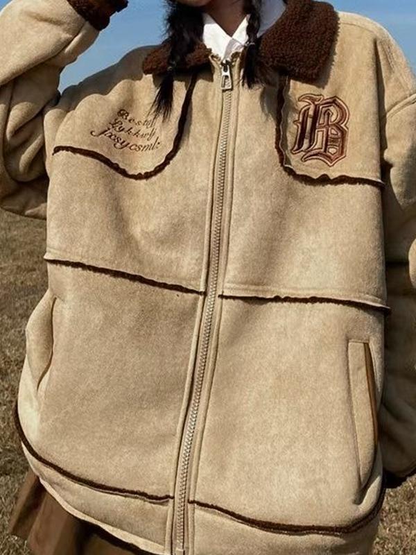 Lambswool Suede Splice Embroidered Zip Up Jacket Product Image