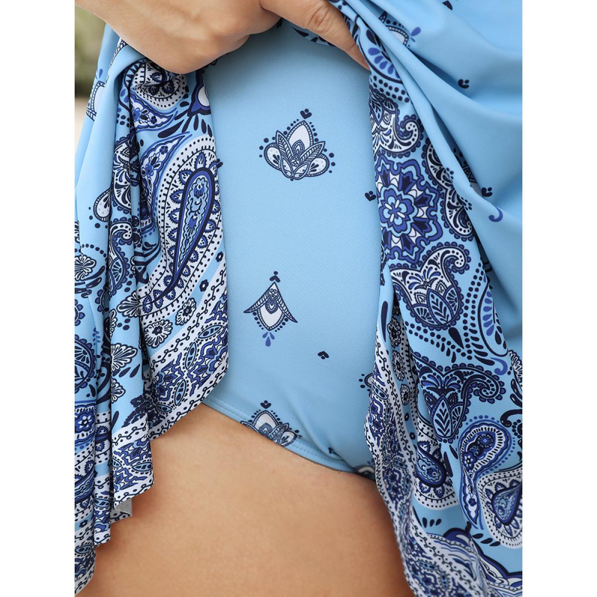 Plus Size Bandana Print Surplice Neck A Line Swim Dress Women's Swimwear LightBlue Vacation Bodycon V-neck High stretch Curve Swim Dresses BloomChic 10/M Product Image