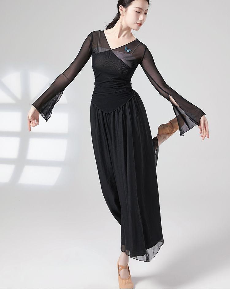 Flared-Sleeve Butterfly Embroidered Dance Top Product Image