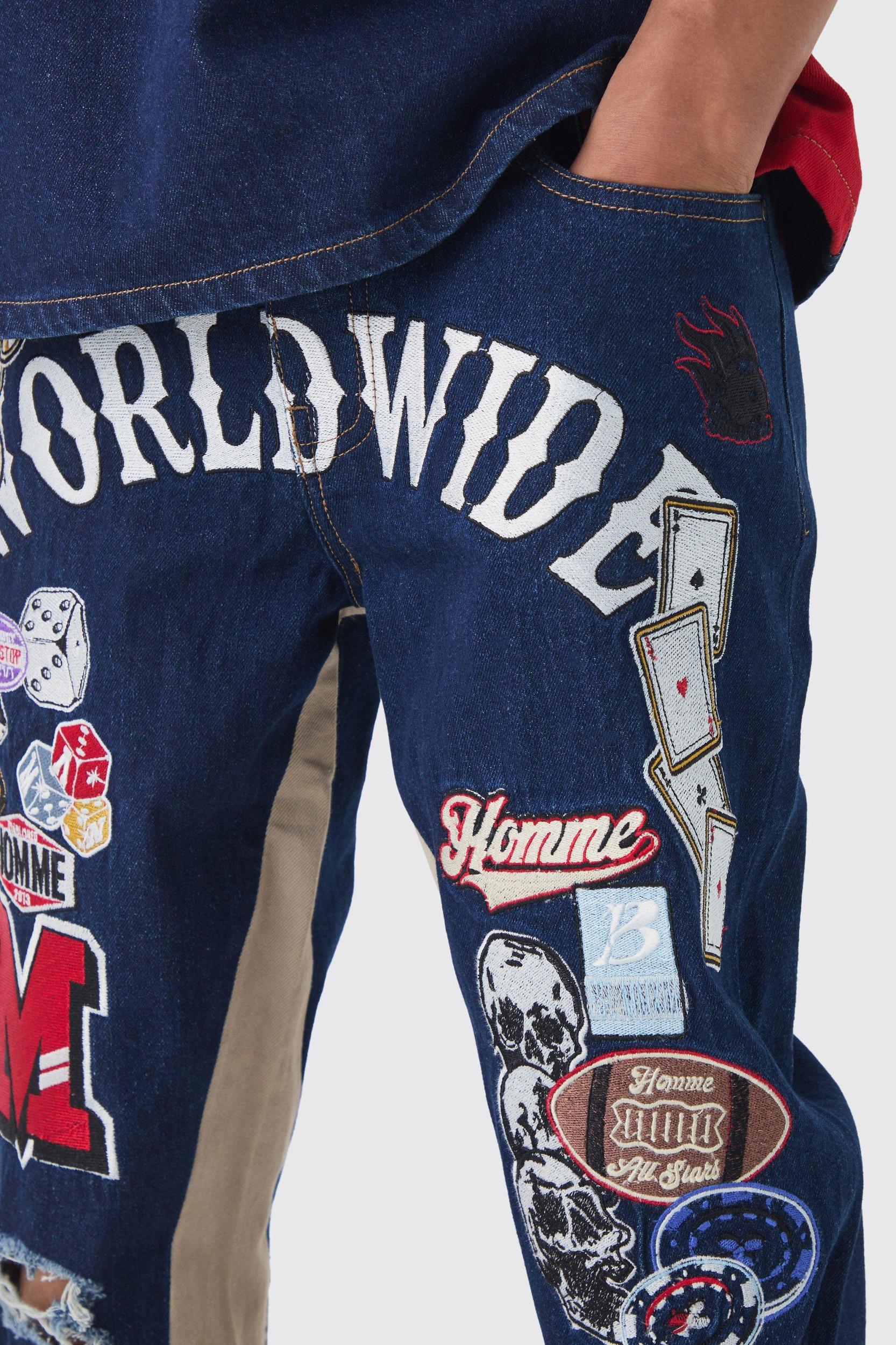 Relaxed Flare Rigid Gusset Applique Badge Jeans | boohooMAN USA Product Image