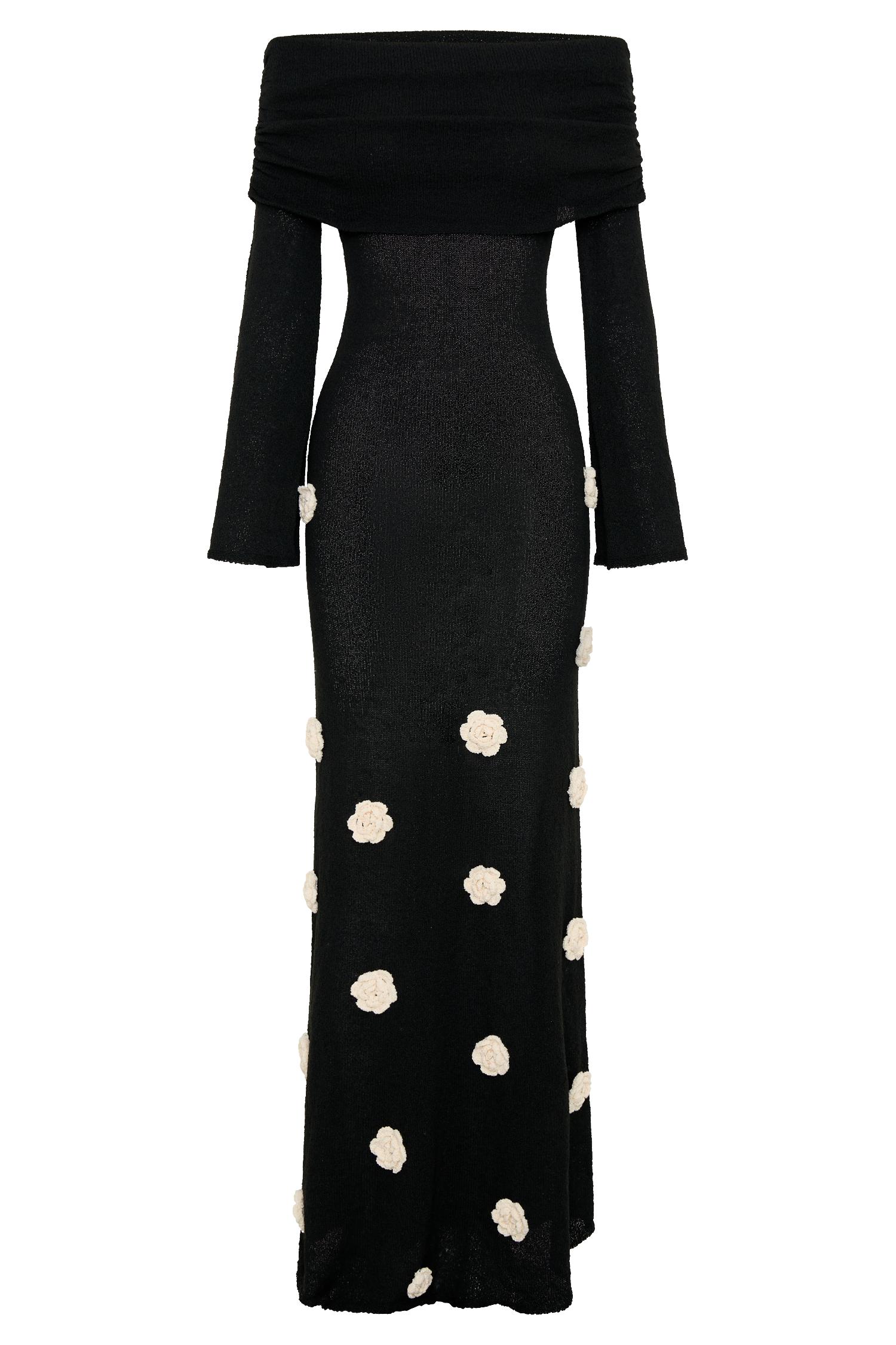 Kiki Off Shoulder Knit Rose Maxi Dress - Black/White Product Image