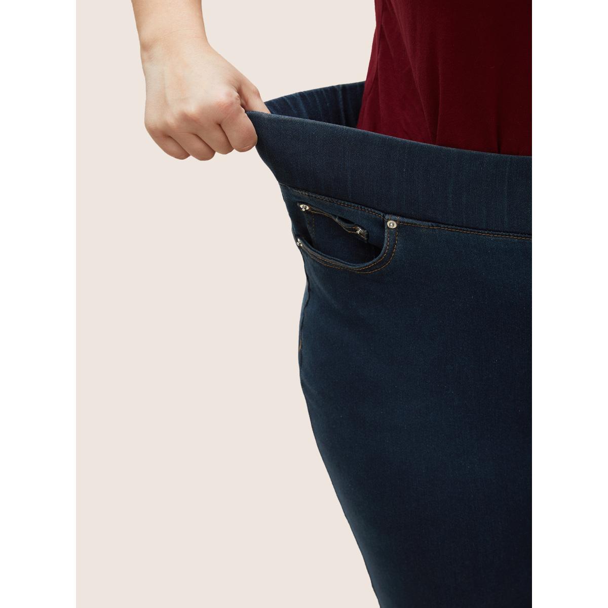 Plus Size Black Wash Button Detail Elastic Wais Slim Jeans Women Denimindigo Elegant Plain Non High stretch Pocket Jeans BloomChic 30/6X Product Image