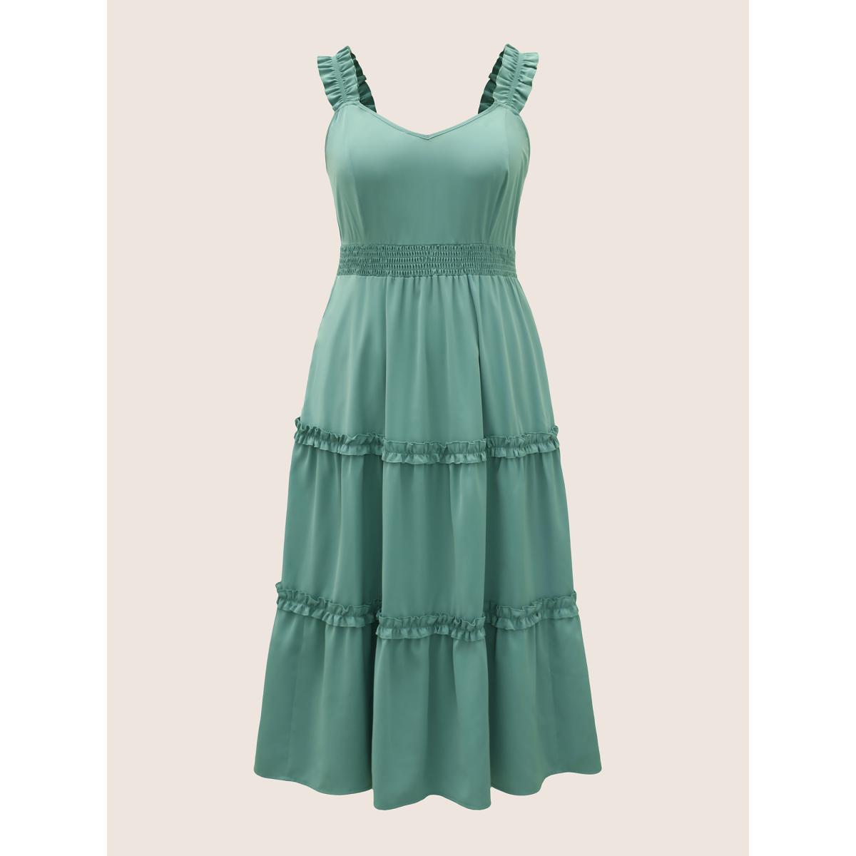Plus Size Solid Ruffles Shirred Frill Trim Dress Mint Women Elegant Frill Trim V-neck Sleeveless Curvy BloomChic 18-20/2X Product Image