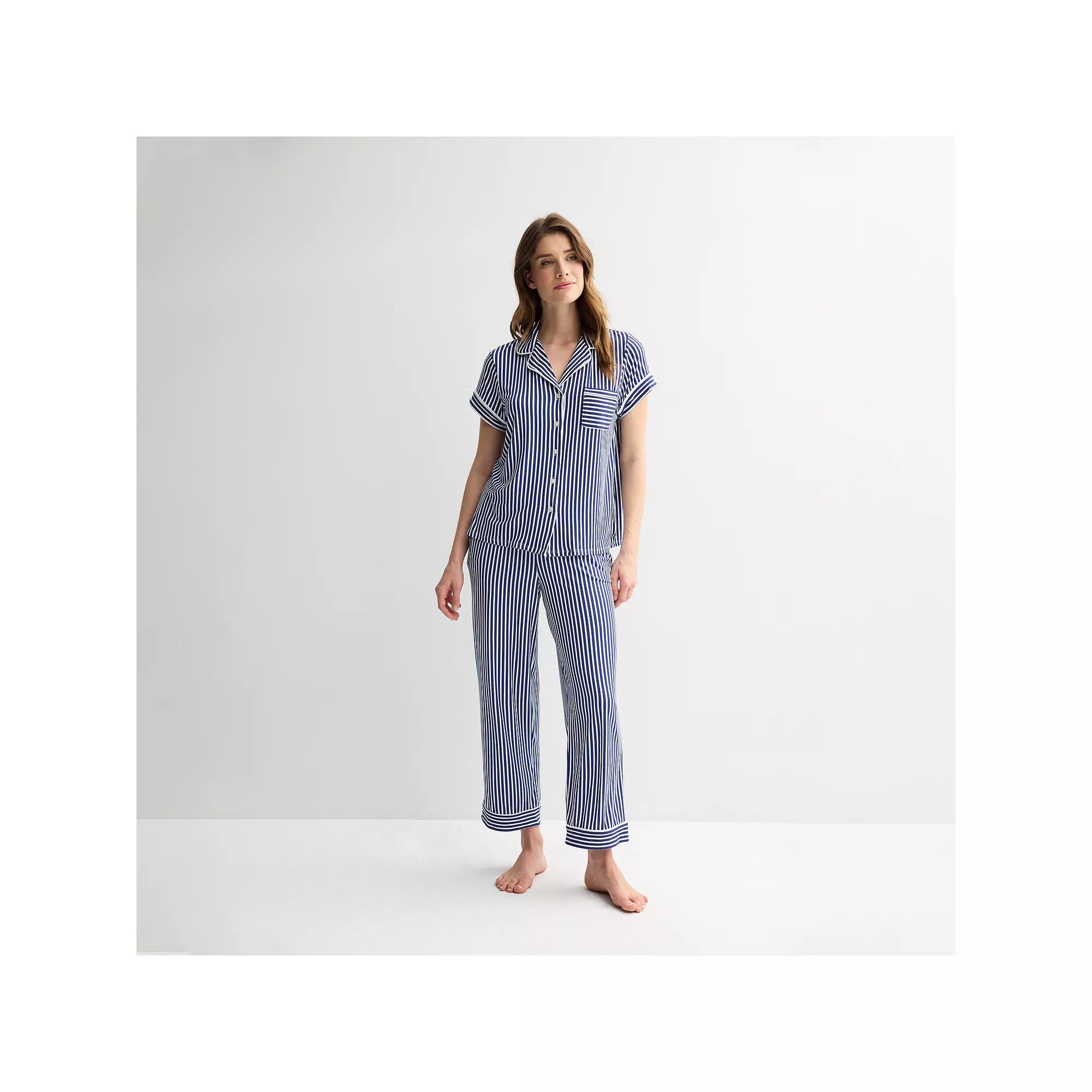 Women's Draper James 2-Piece Printed Cozy Short Sleeve Notch Collar Pajama Top & Pajama Pants Set, Size: Large, Blue Stripe Product Image