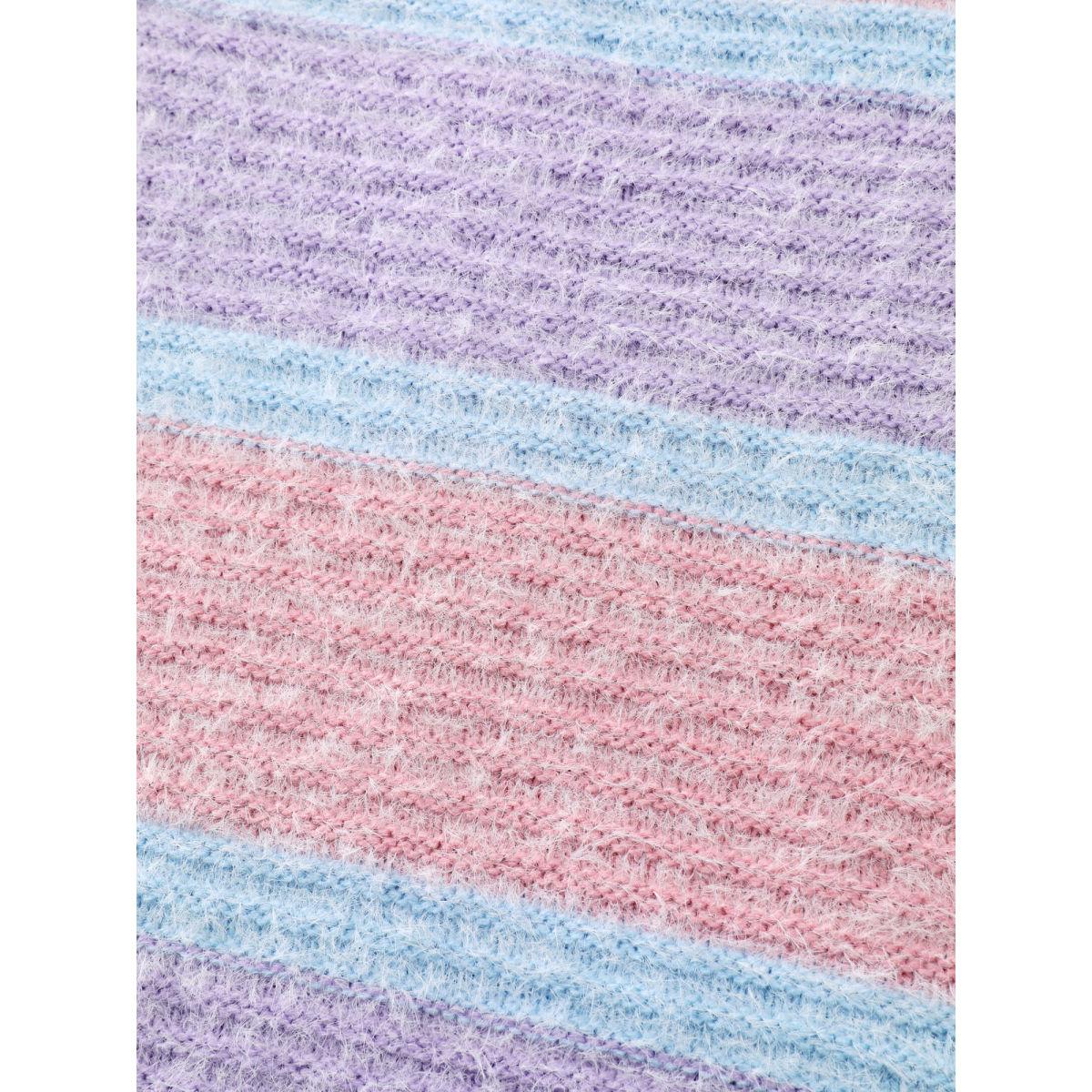 Plus Size Color Stripe Fluffy Textured Pullover Lilac Women Playful Loose Long Sleeve Round Neck Casual Pullovers BloomChic 14-16/1X Product Image