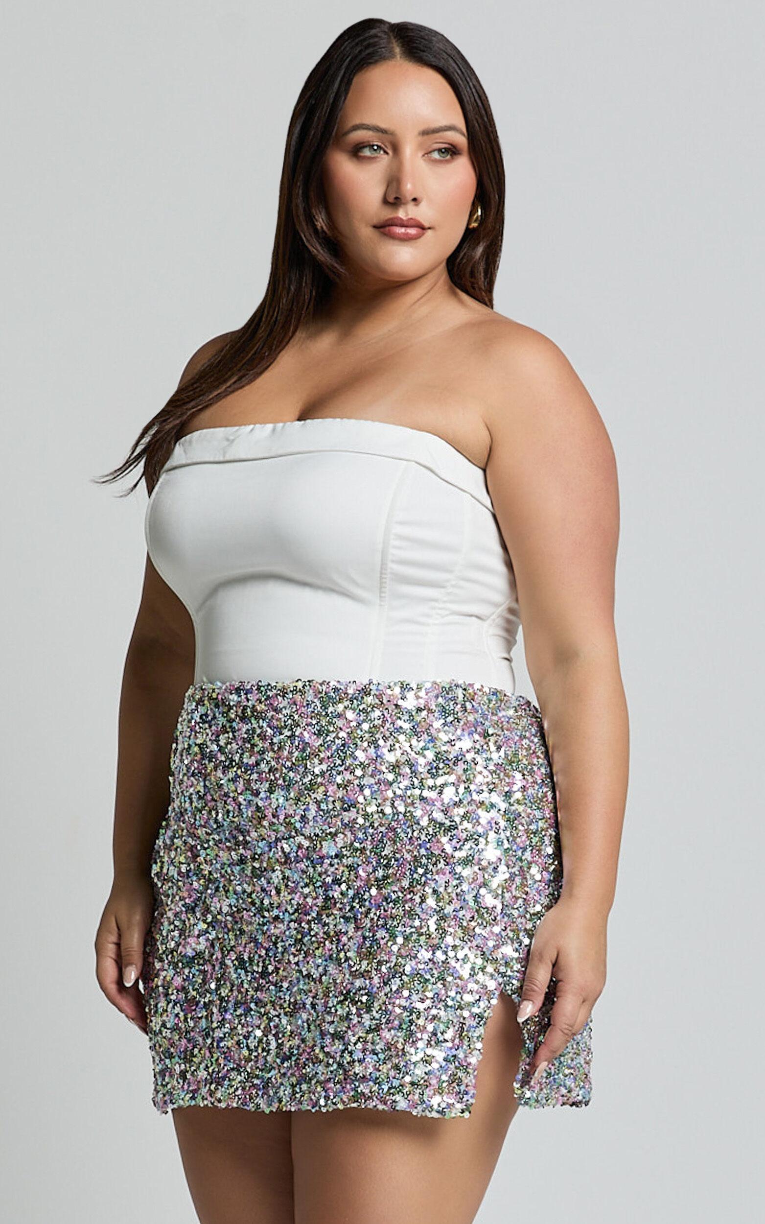 Ingrid Mini Skirt - Sequin Skirt in Rainbow Silver Product Image