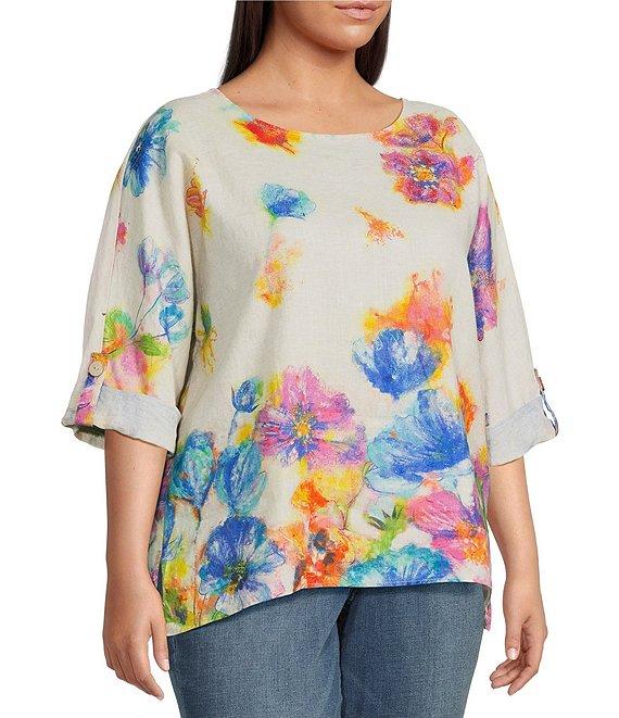 Ali Miles Plus Size Linen Blend Multi Floral Round Neck 3/4 Dolman Roll-Tab Sleeve Tunic Product Image