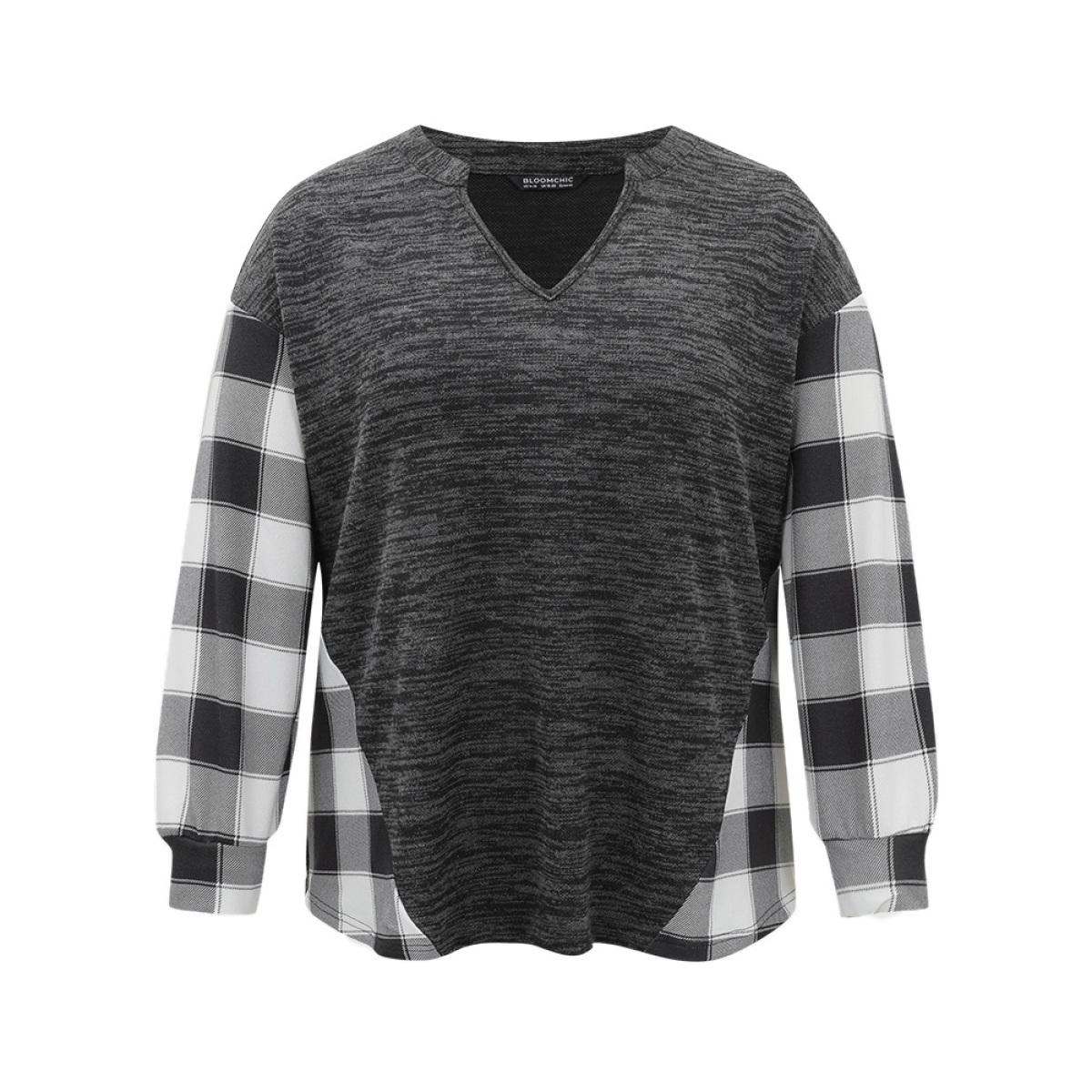 Plus Size Plaid Patchwork Heather Notched Sweatshirt Women Black Casual Contrast Notched collar Dailywear Sweatshirts BloomChic 22-24/3X Product Image