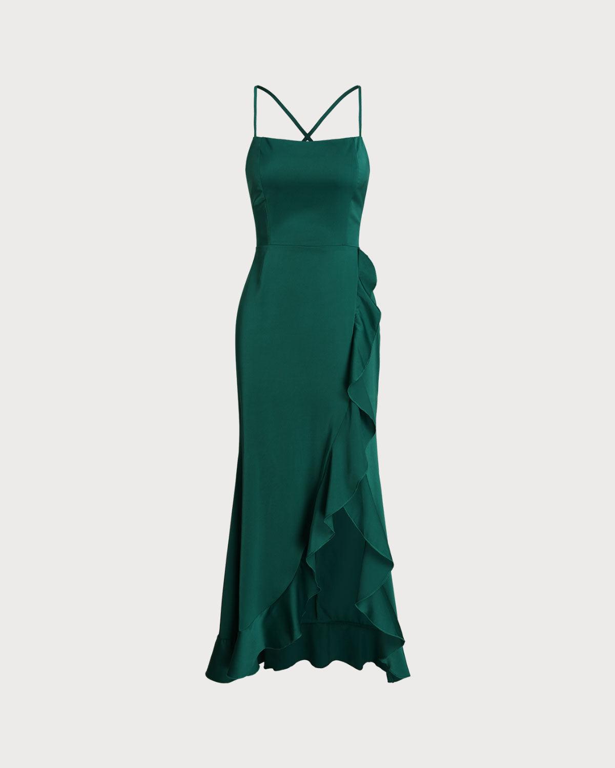 Green Ruffle Backless Slip Maxi Dress Product Image
