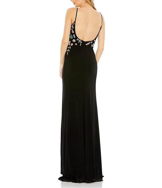 Mac Duggal Multi Color Floral Beaded V-Neck Sleeveless Open Back Detail Thigh High Slit Gown Product Image