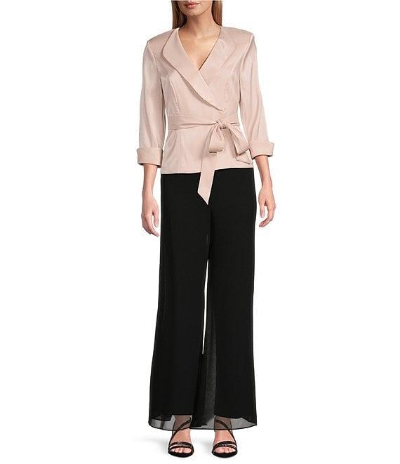 Alex Evenings Collared V Neck 3/4 Sleeve Tie Sash Wrap Blouse Product Image