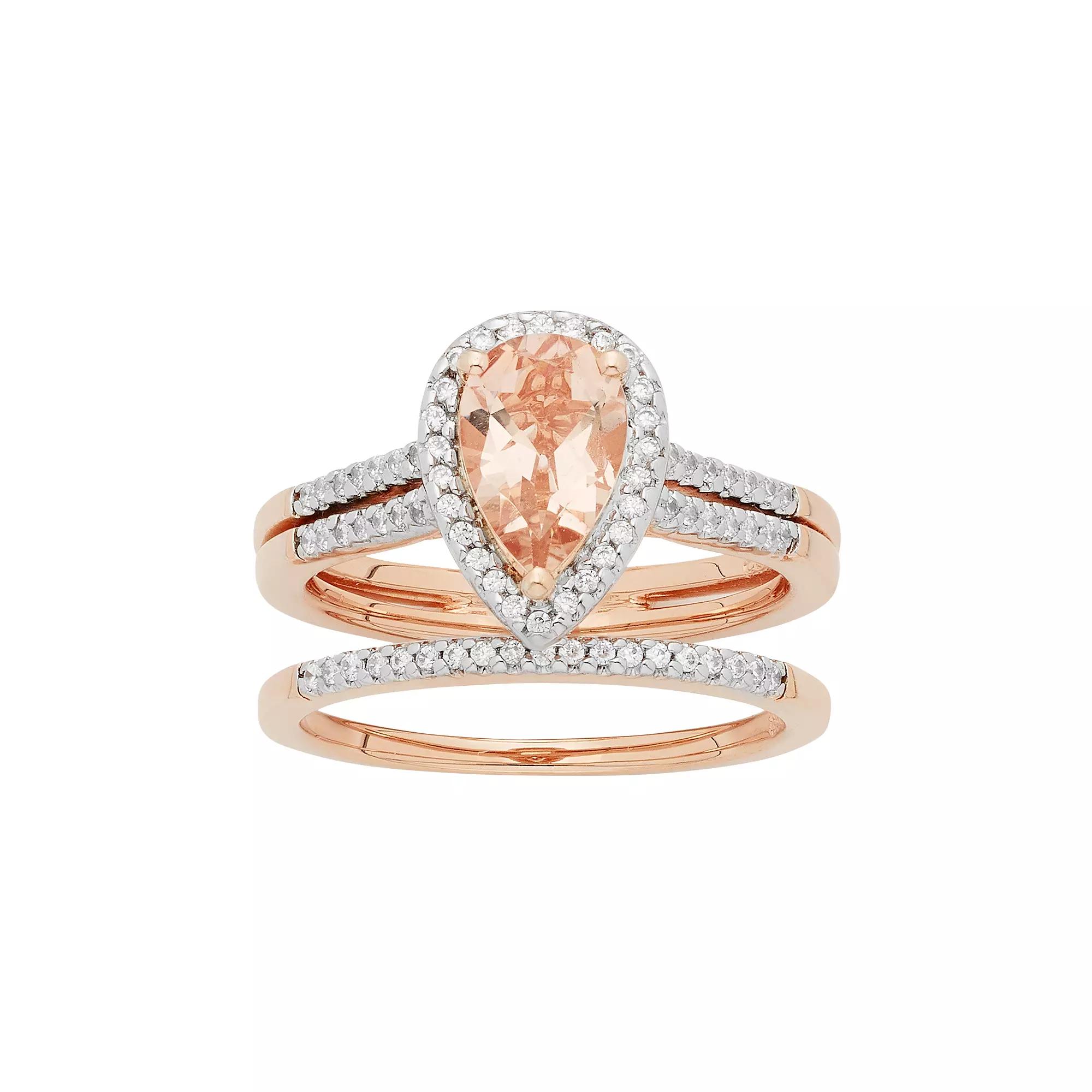 14k Rose Gold Morganite & 1/5 Carat T.W. Diamond Pear Halo Engagement Ring Set, Women's, Size: 7, Pink Product Image