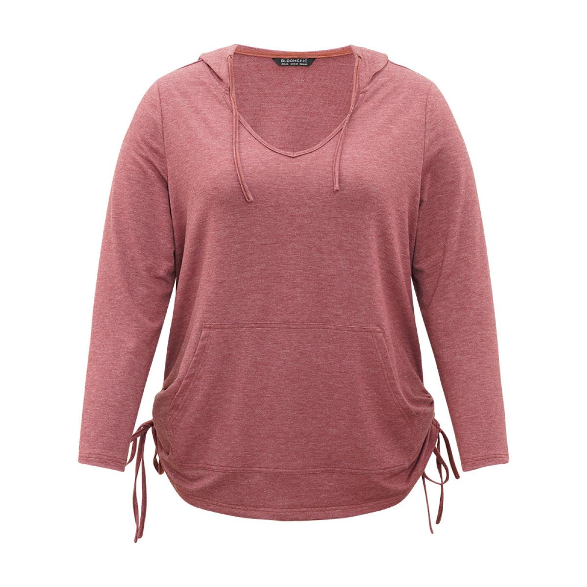 Plus Size Plain Heather Pocket Drawstring Hooded Sweatshirt Women Russet Elegant V-neck Dailywear Sweatshirts BloomChic 22-24/3X Product Image