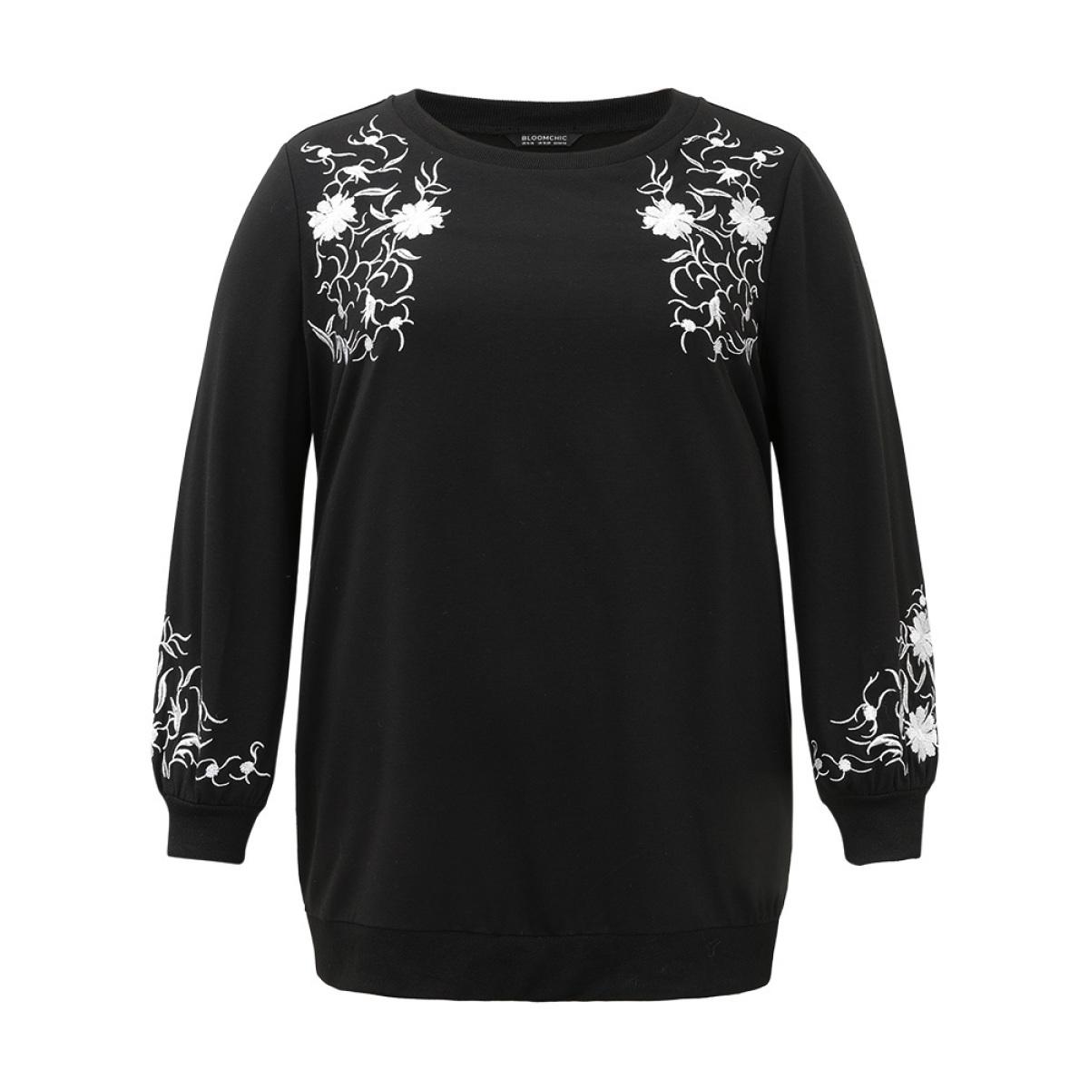 Plus Size Floral Embroidered Pocket Elastic Cuffs Sweatshirt Women Black Elegant Rib Knit Round Neck Dailywear Sweatshirts BloomChic 12/L Product Image