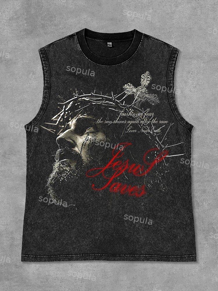 Sopula Retro Jesus Cross Faith Graphic Print Acid Washed Tank Top Product Image