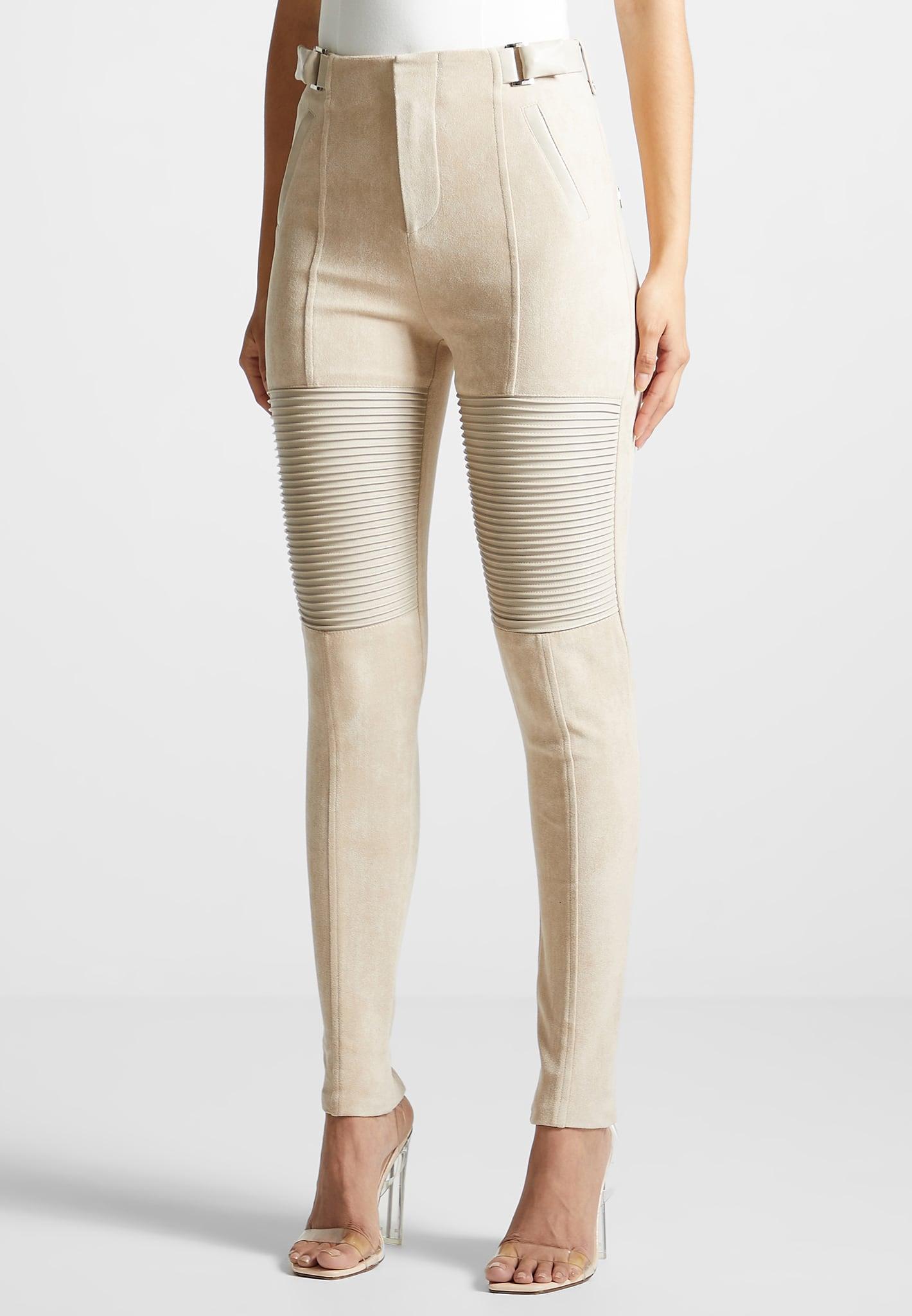 Leather and Suede Ribbed Leggings - Beige Female Product Image