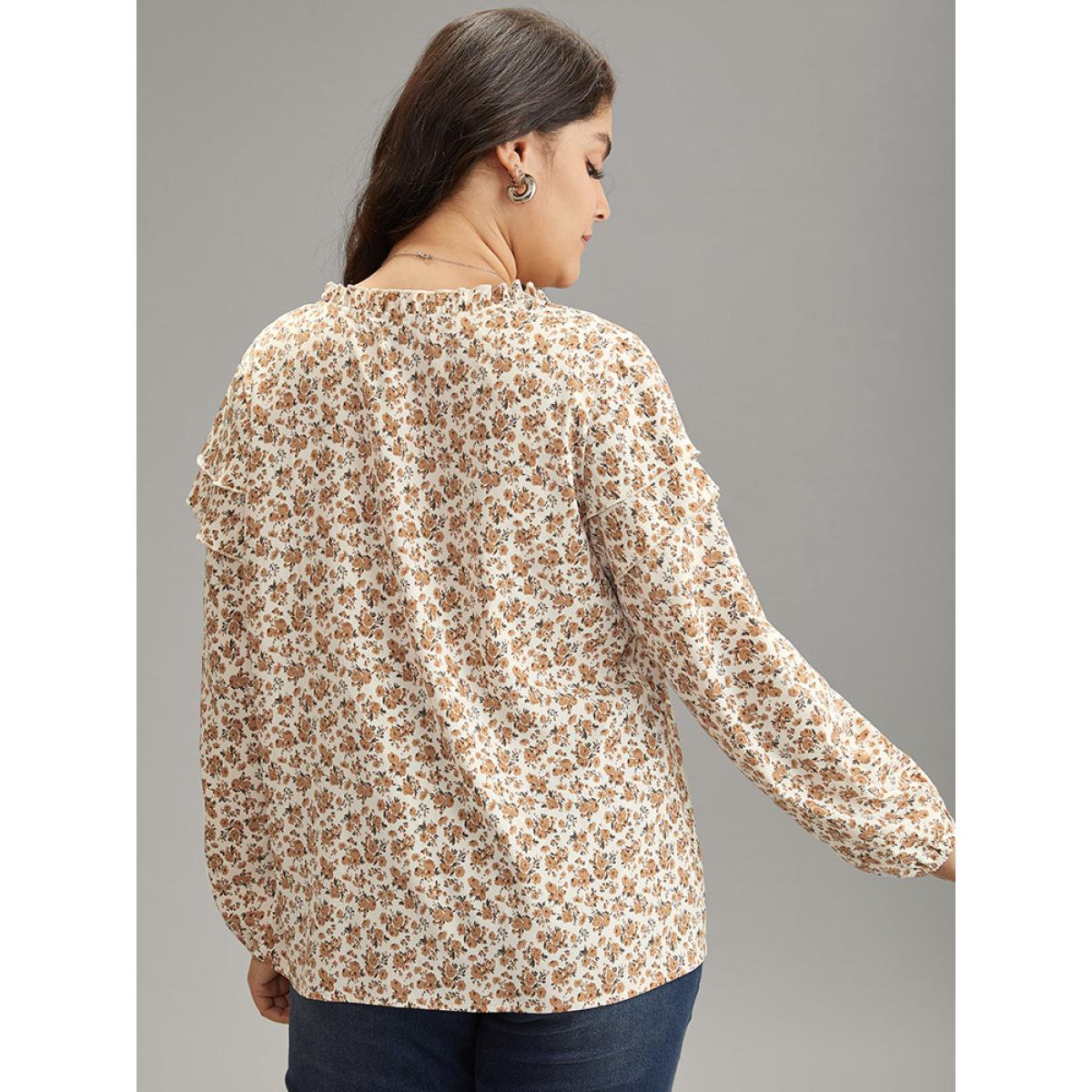 Plus Size Apricot Ditsy Floral Notched Tiered Ruffles Lantern Sleeve Blouse Women Elegant Long Sleeve Notched collar Dailywear Blouses BloomChic 18-20/2X Product Image