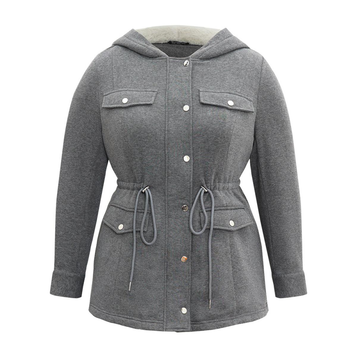 Plus Size Solid Zipper Button Through Hooded Fluffy Coat Women DimGray Casual Lined Ladies Dailywear Winter Coats BloomChic 18-20/2X Product Image