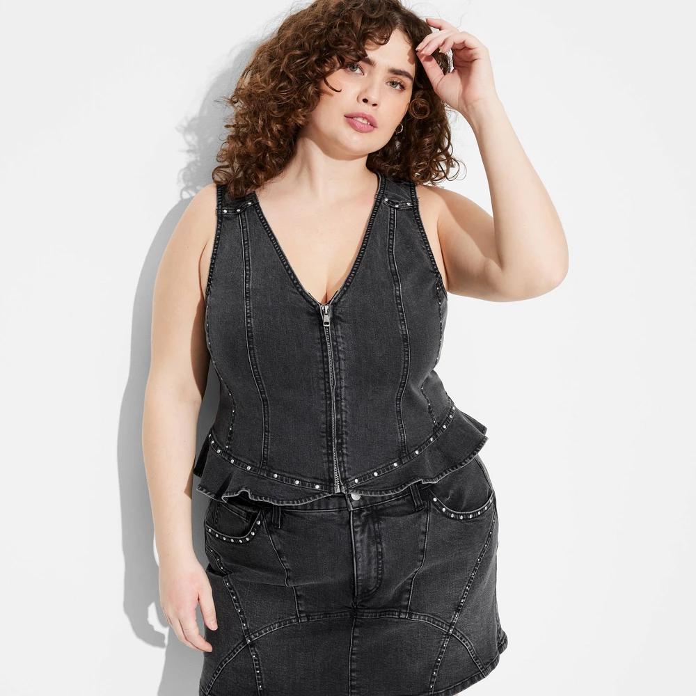 Women's Studded Vest Top - Wild Fable™ Black Wash XXS: Fitted Sleeveless V Neck Button-Down Midweight Tank Product Image