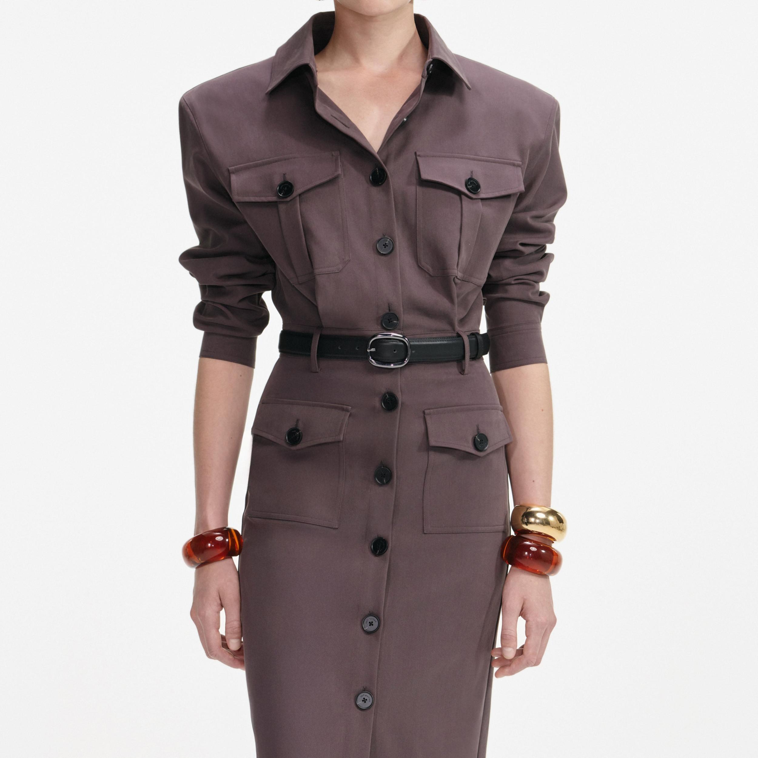 Brown Cotton Belted Midi Dress Product Image