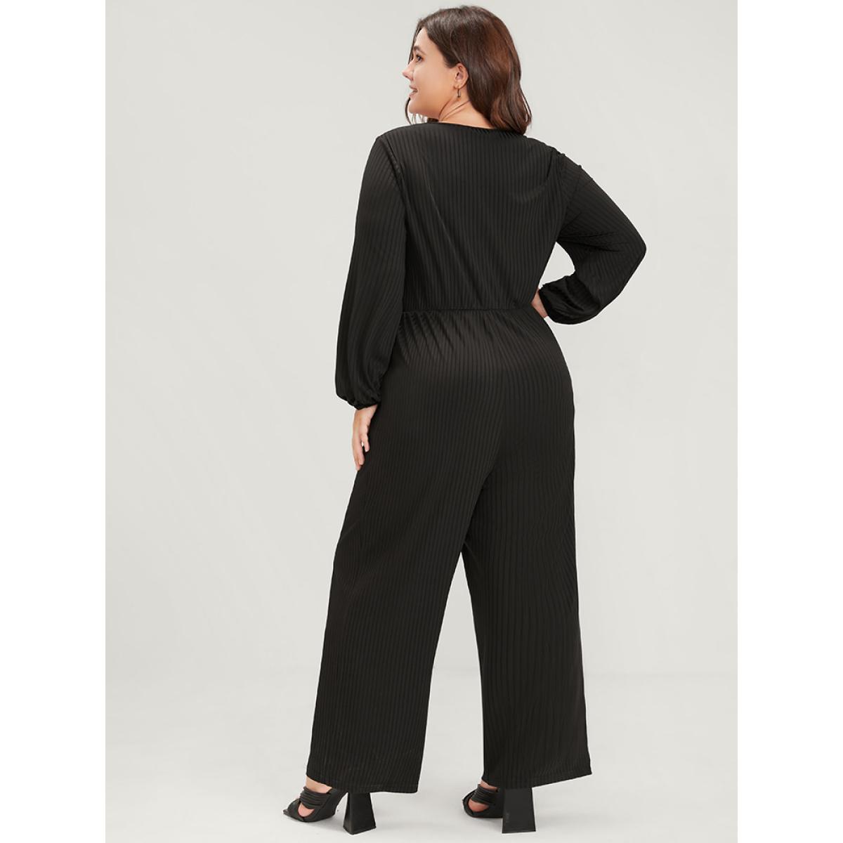 Plus Size Black Plain Zipper Half Lantern Sleeve Pocket Rib Knit Jumpsuit Women Office Long Sleeve Round Neck Work Loose Jumpsuits BloomChic 28/5X Product Image