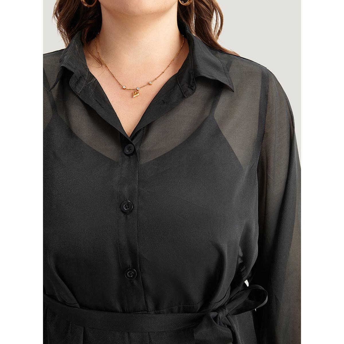 Plus Size Shirt Collar Button Up Belted Mesh Dress Black Women Elegant Lined Shirt collar Long Sleeve Curvy Midi Dress BloomChic 30/6X Product Image