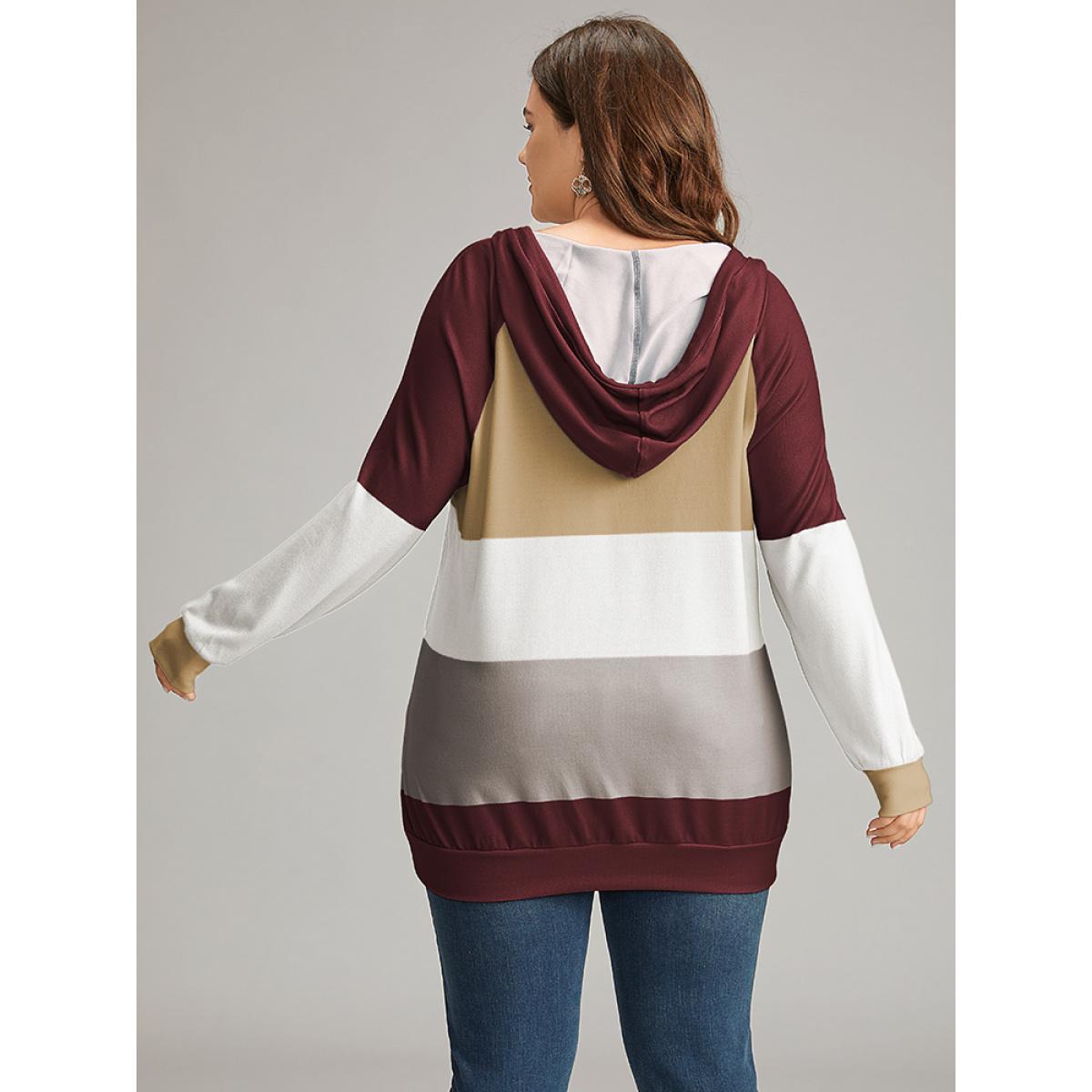 Plus Size Colorblock Contrast Hooded Drawstring Sweatshirt Women Red Casual Contrast Hooded Dailywear Sweatshirts BloomChic 22-24/3X Product Image