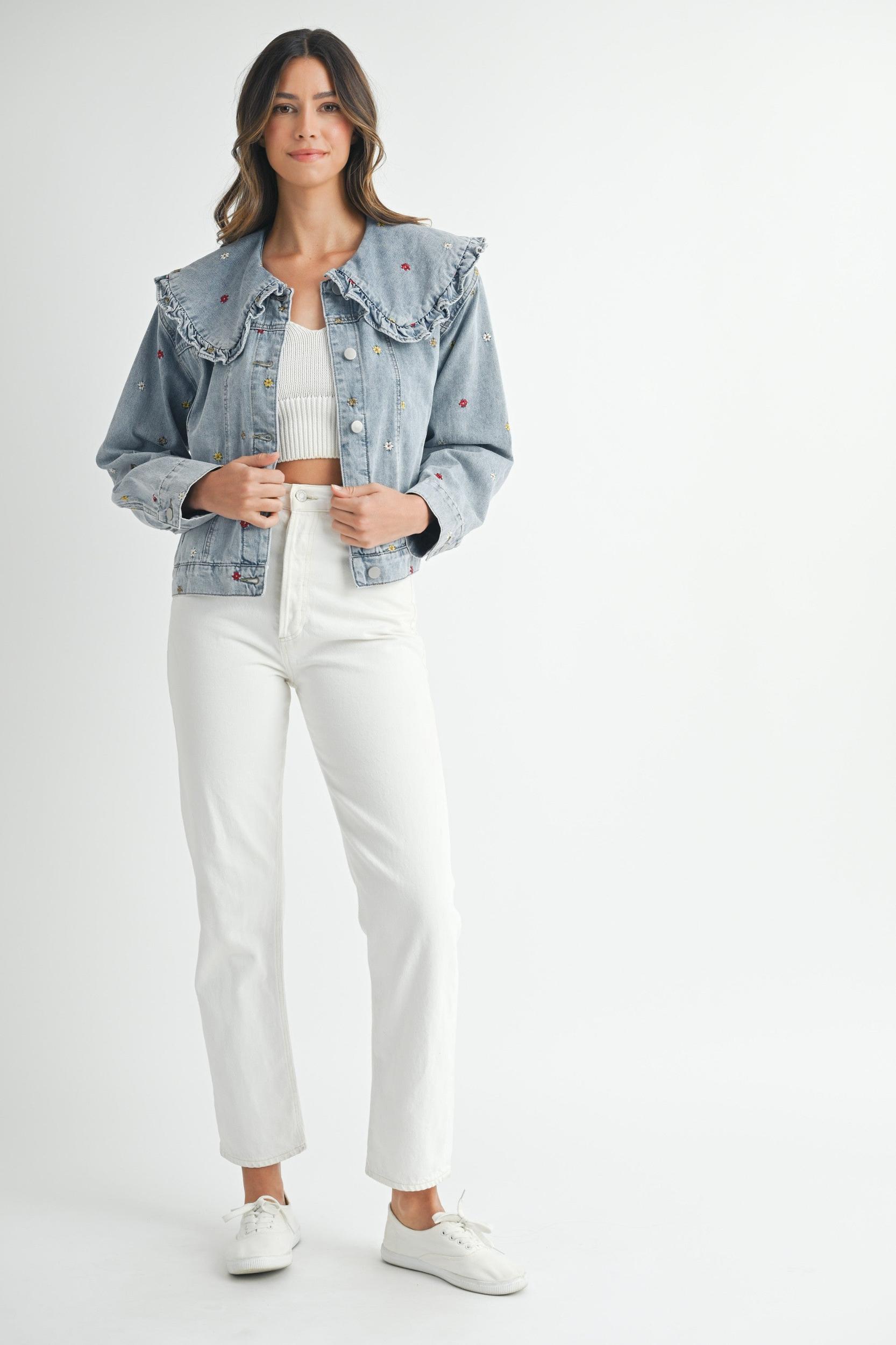 Peter Pan Collar Embroidered Denim Jacket Product Image